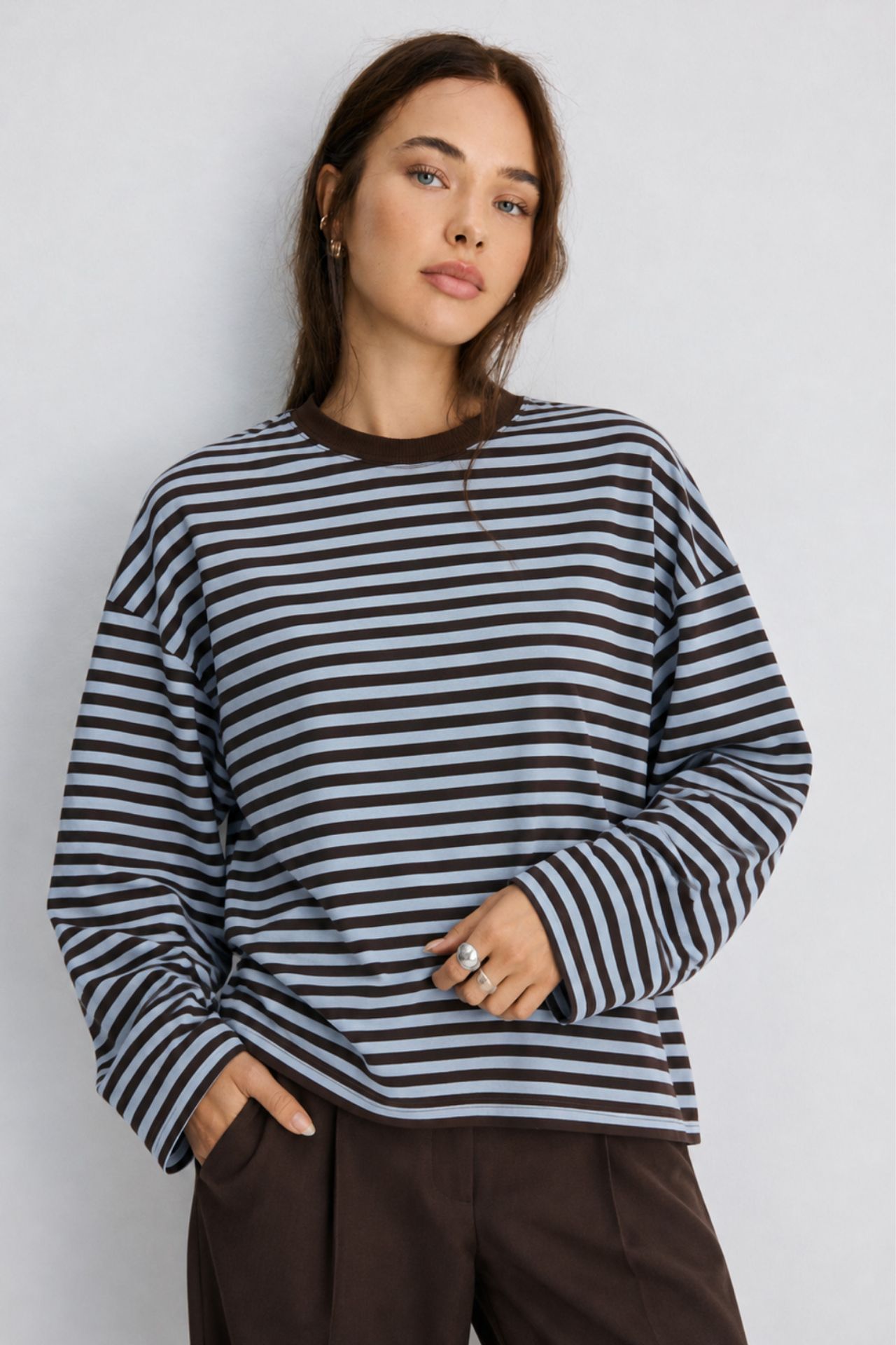 BIPANTOLON Kadın Oversize Çizgili Bisiklet Yaka Sweatshirt 3