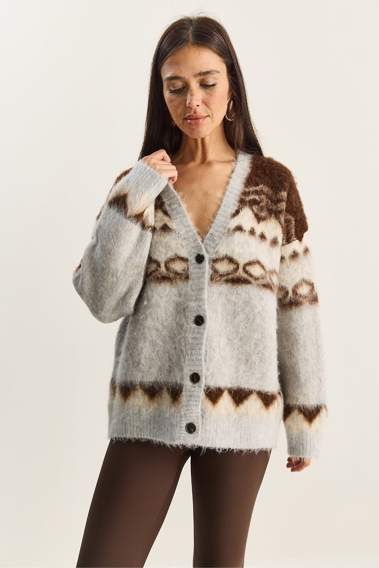 LUCCI Thick Ethnic Pattern V-neck Cardigan with Buttons 5
