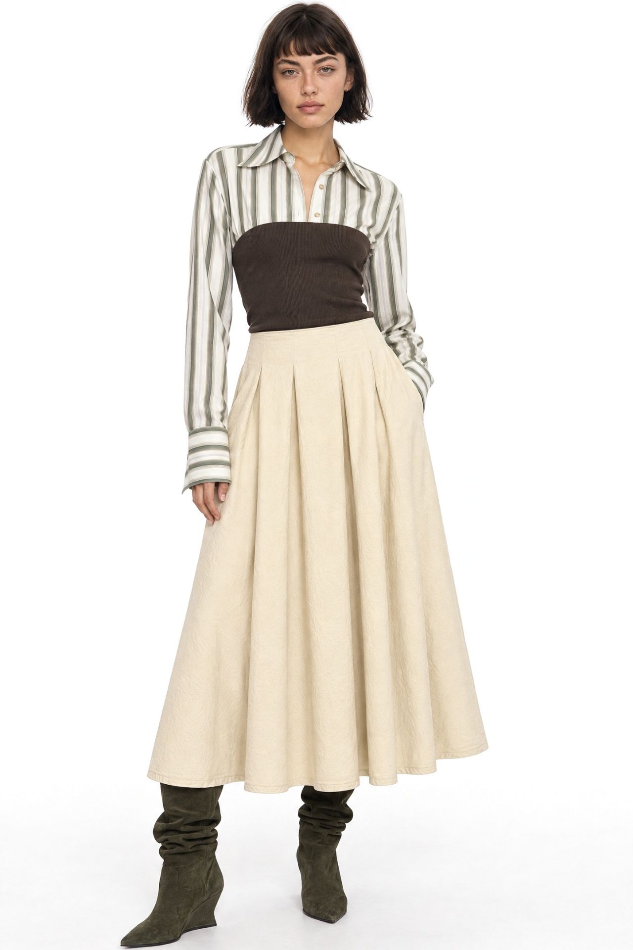 MIXRAY High Waist A-Line Midi Skirt 4