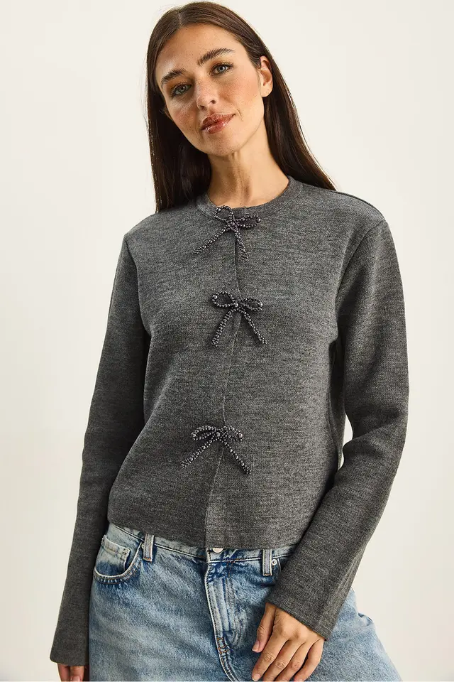 LUCCI Crew Neck Knit Cardigan with Bow Detail