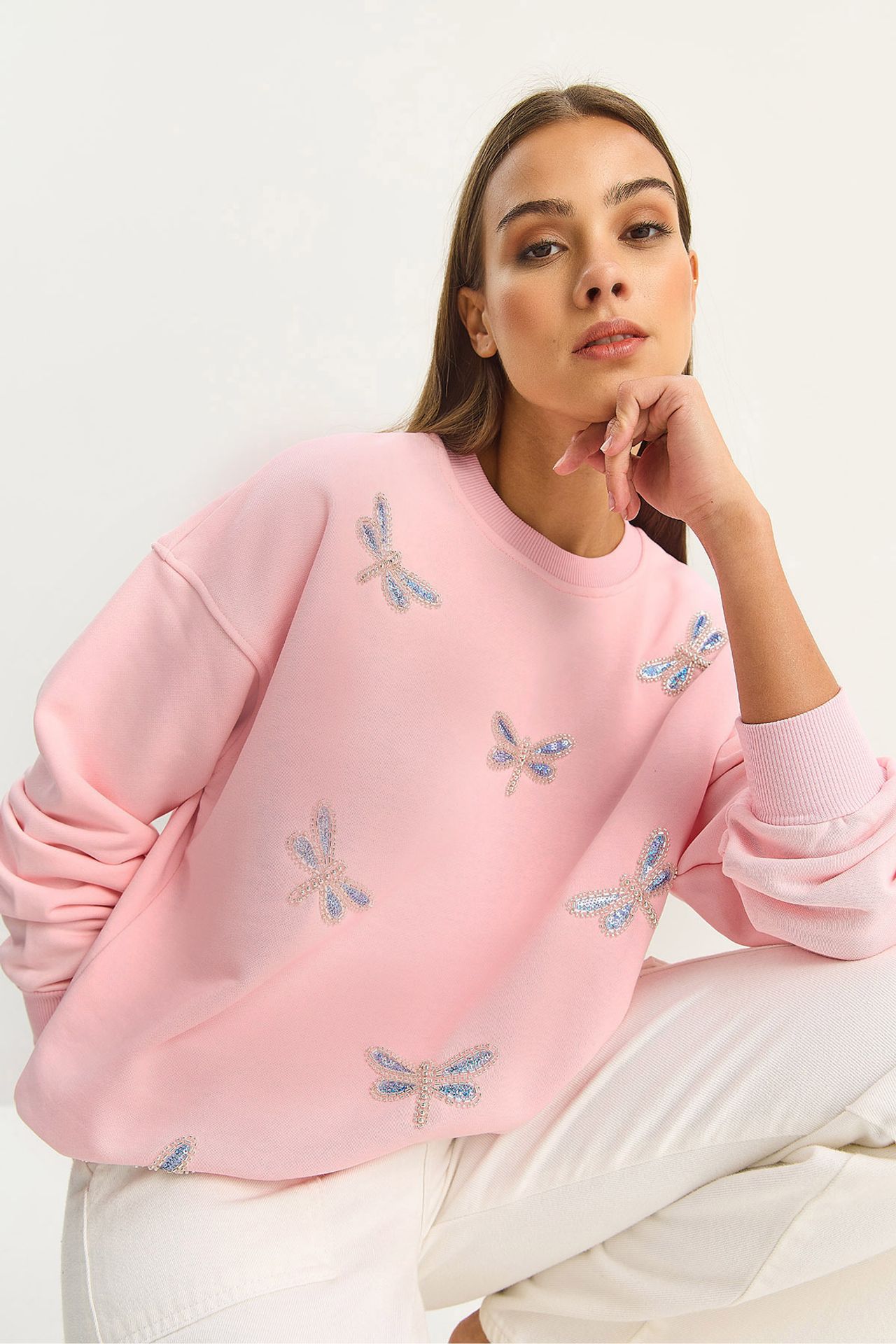 Dragonfly Embroidered Crew Neck Sweatshirt