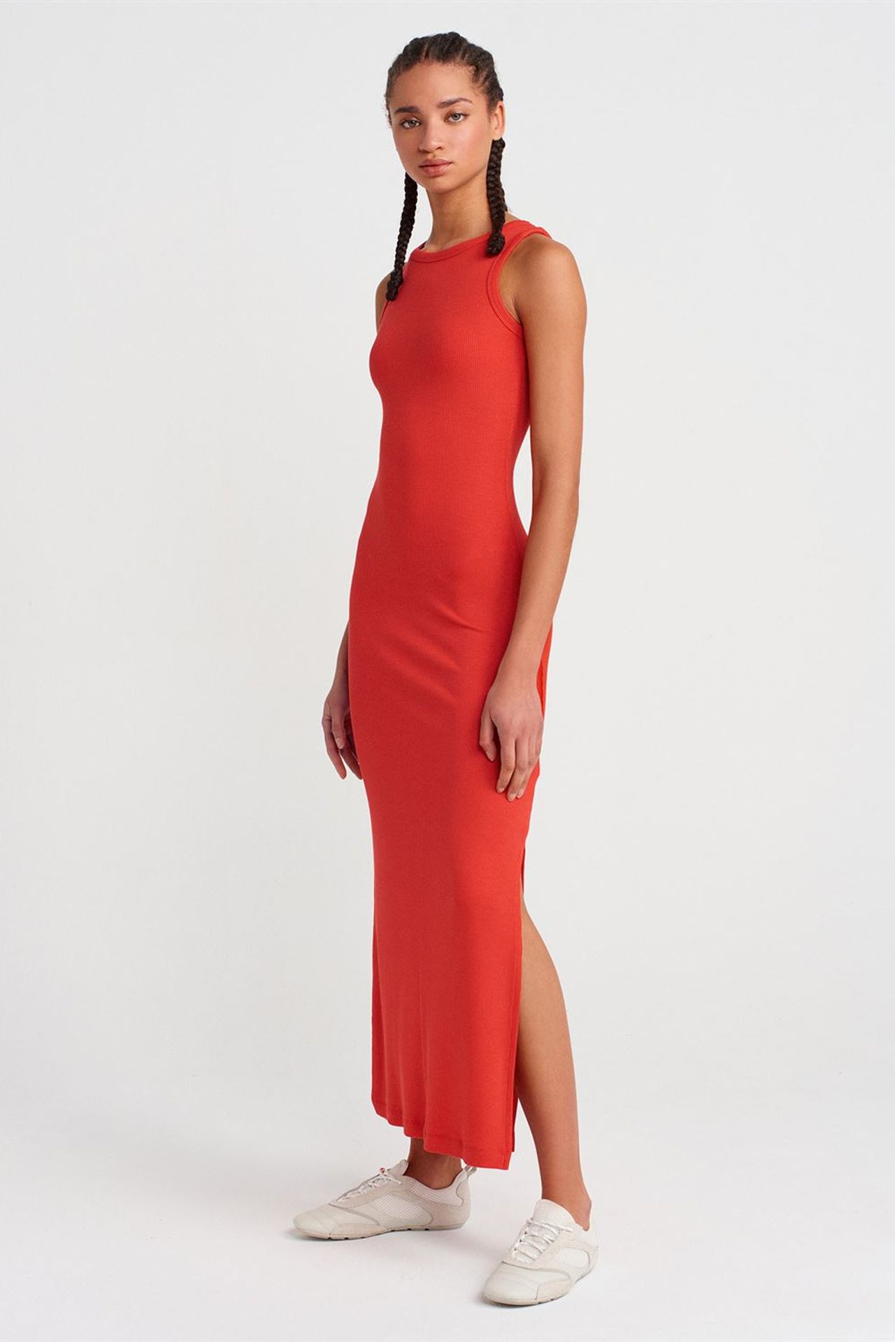 DILVIN Yırtmaçlı Kolsuz Bodycon Midi Elbise 1