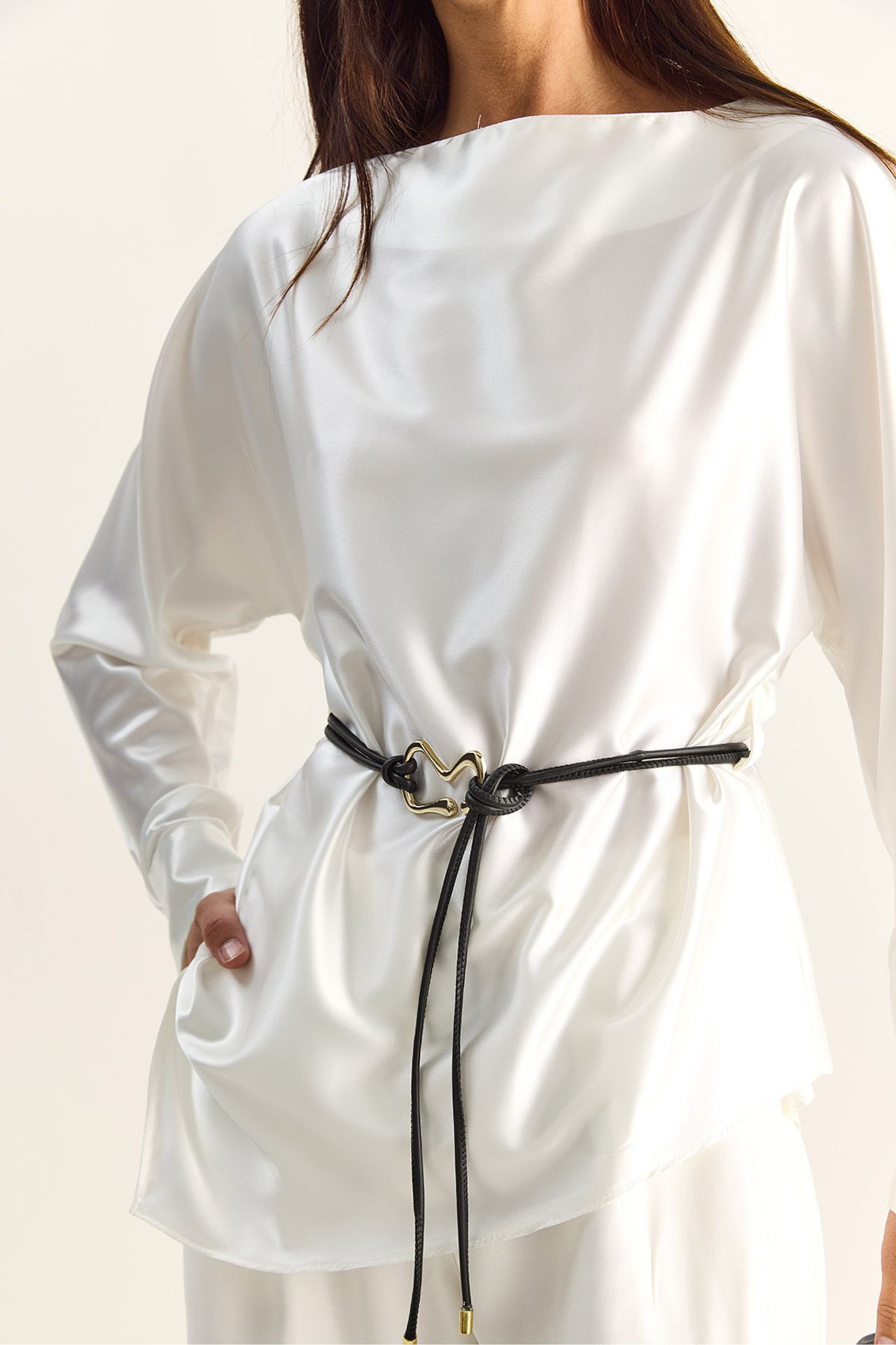 LUCCI Belted Satin Boat Neck Blouse 6