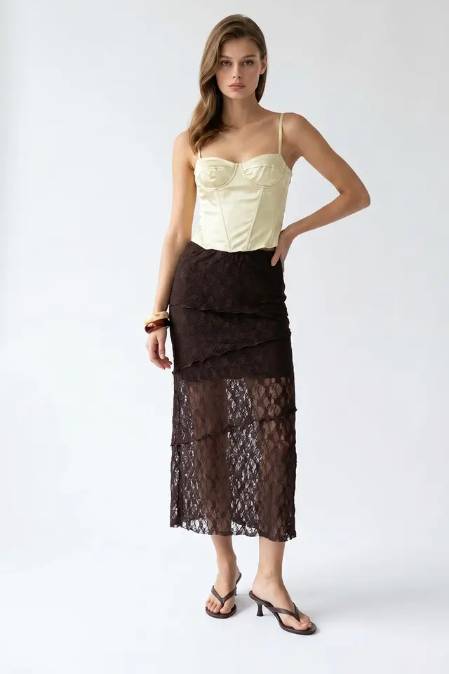 MIXRAY High Waist Lace Midi Skirt