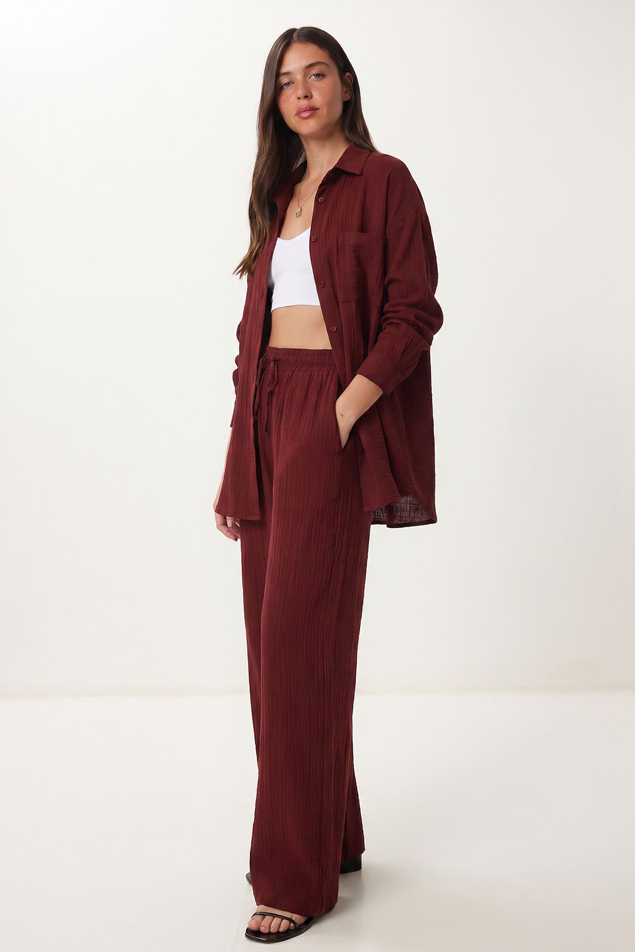 ISTANBUL High Waist Wide Leg Two-Piece Co-ord Set with Shirt Collar 1