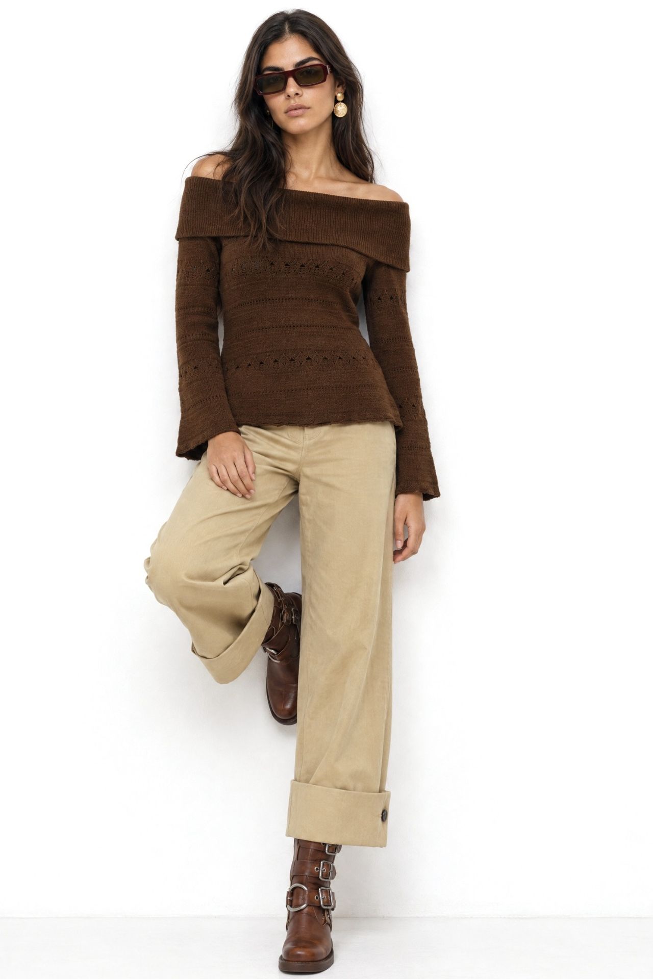 MIXRAY Off Shoulder Textured Ribbed Sweater with Cut Out Details 2