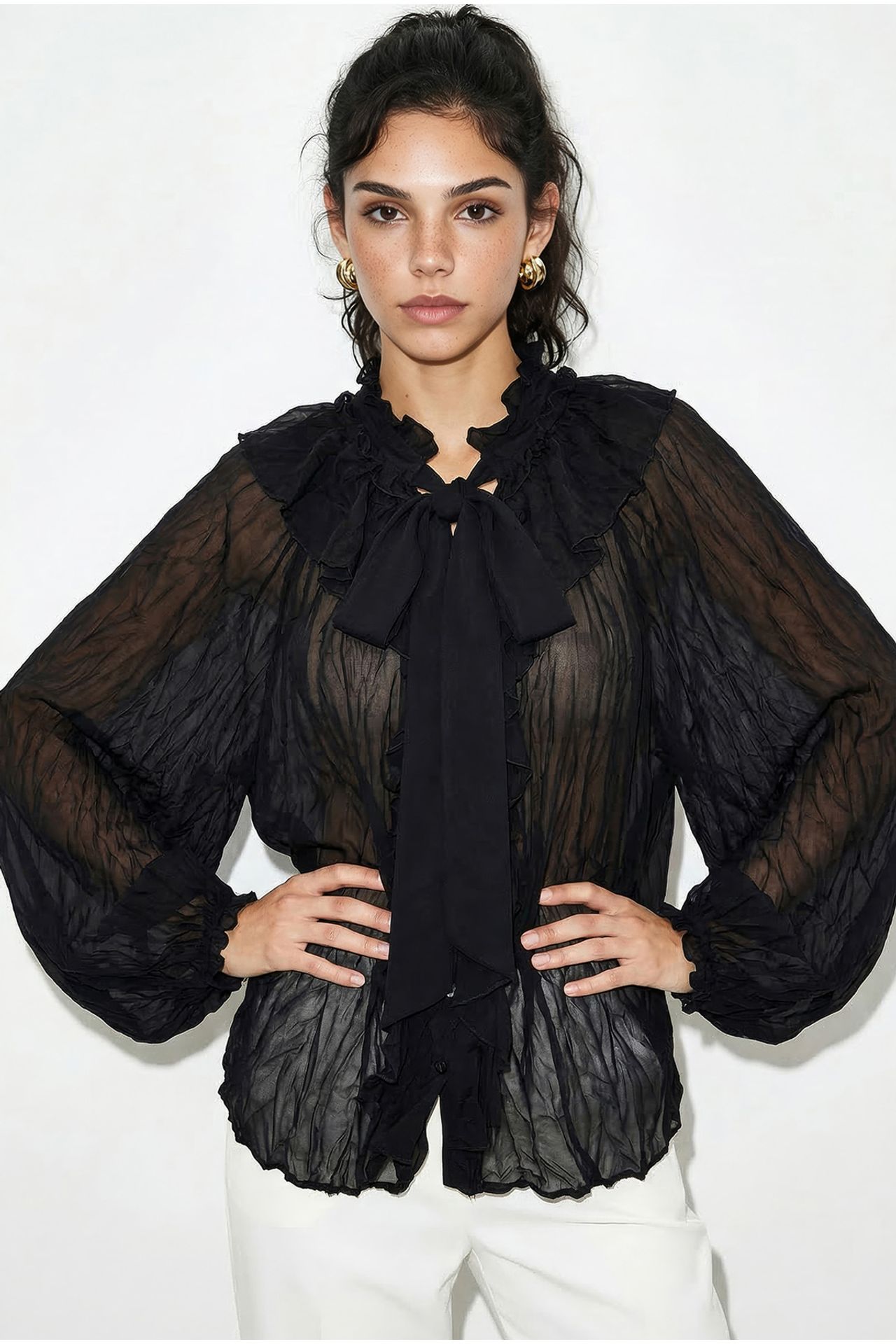 LUCCI Button-Up Crepe Blouse with Bow Detail 3