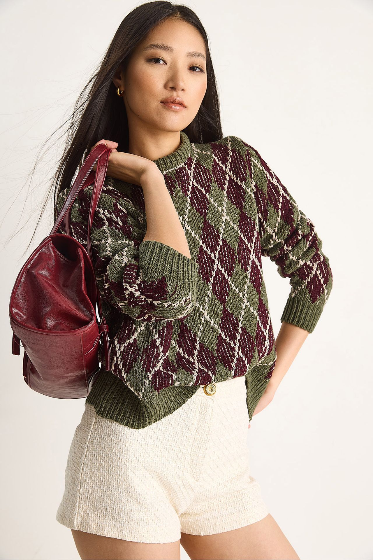 LUCCI Women’s Crew Neck Knitted Sweater with Diamond Pattern 2