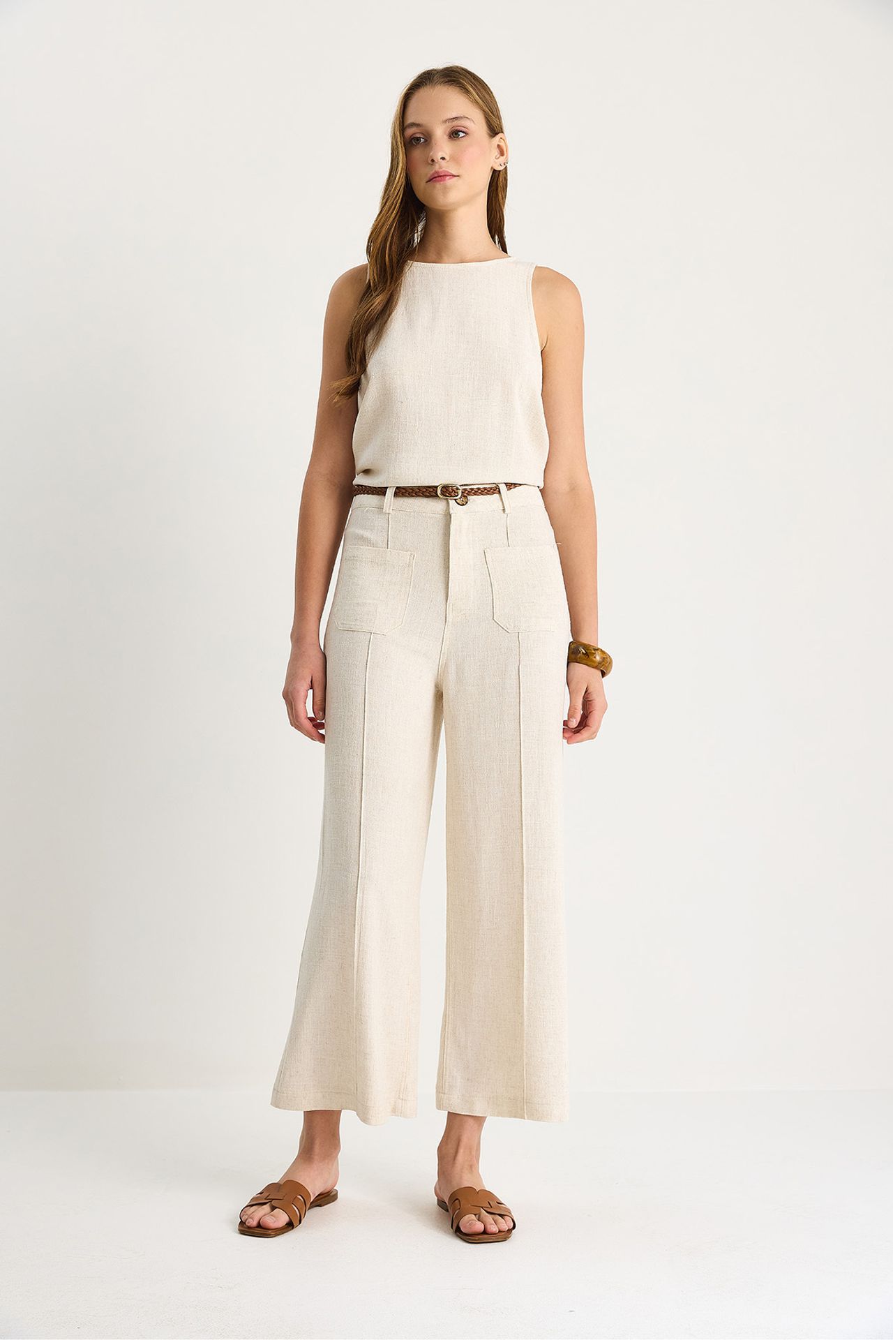 LUCCI High Waist Wide Leg Ankle-Length Pants with Belt 3