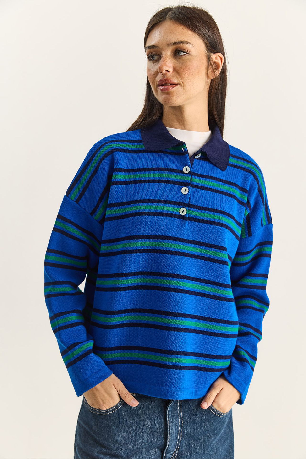 LUCCI Striped Polo Collar Button Sweater 2