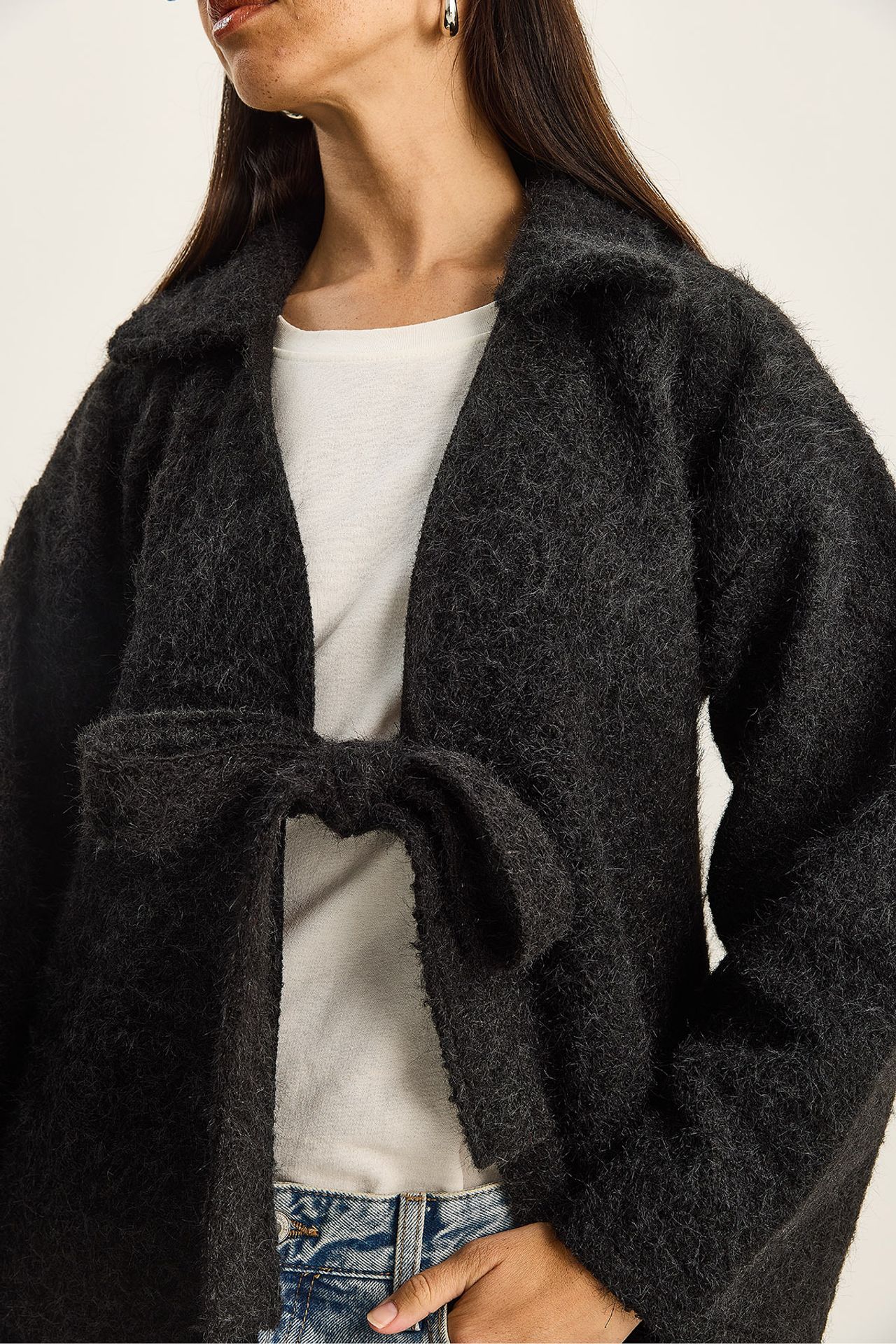 LUCCI Textured Oversized V-Neck Tie Closure Cardigan 6