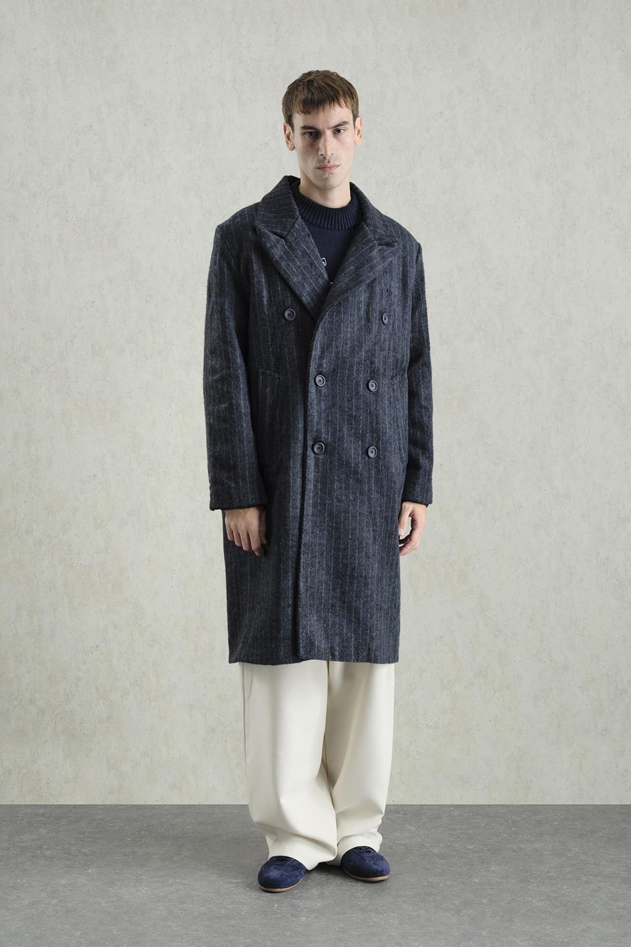 Double-Breasted Striped Long Overcoat 4