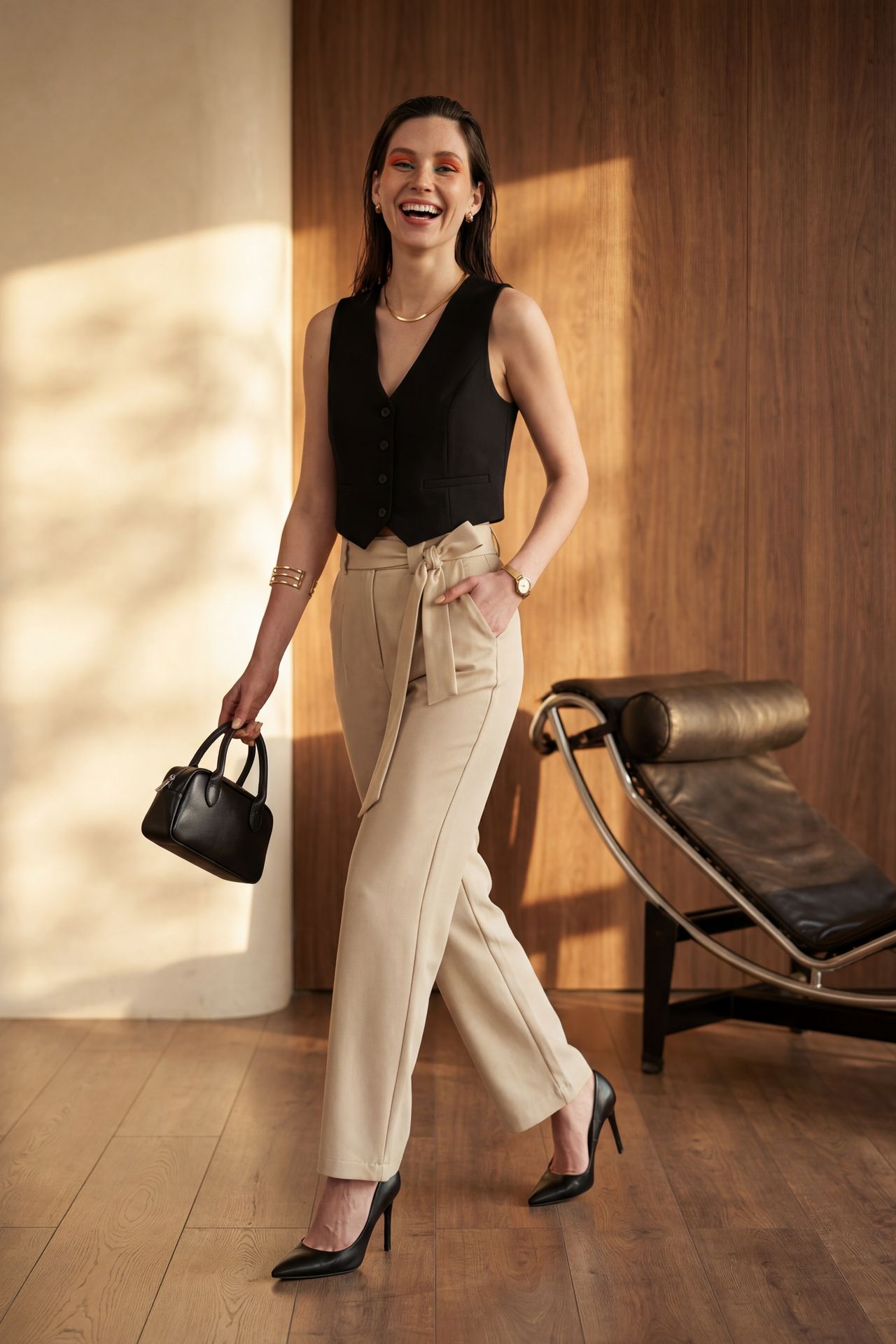 MY FASHION High Waisted Wide Leg Belted Pants