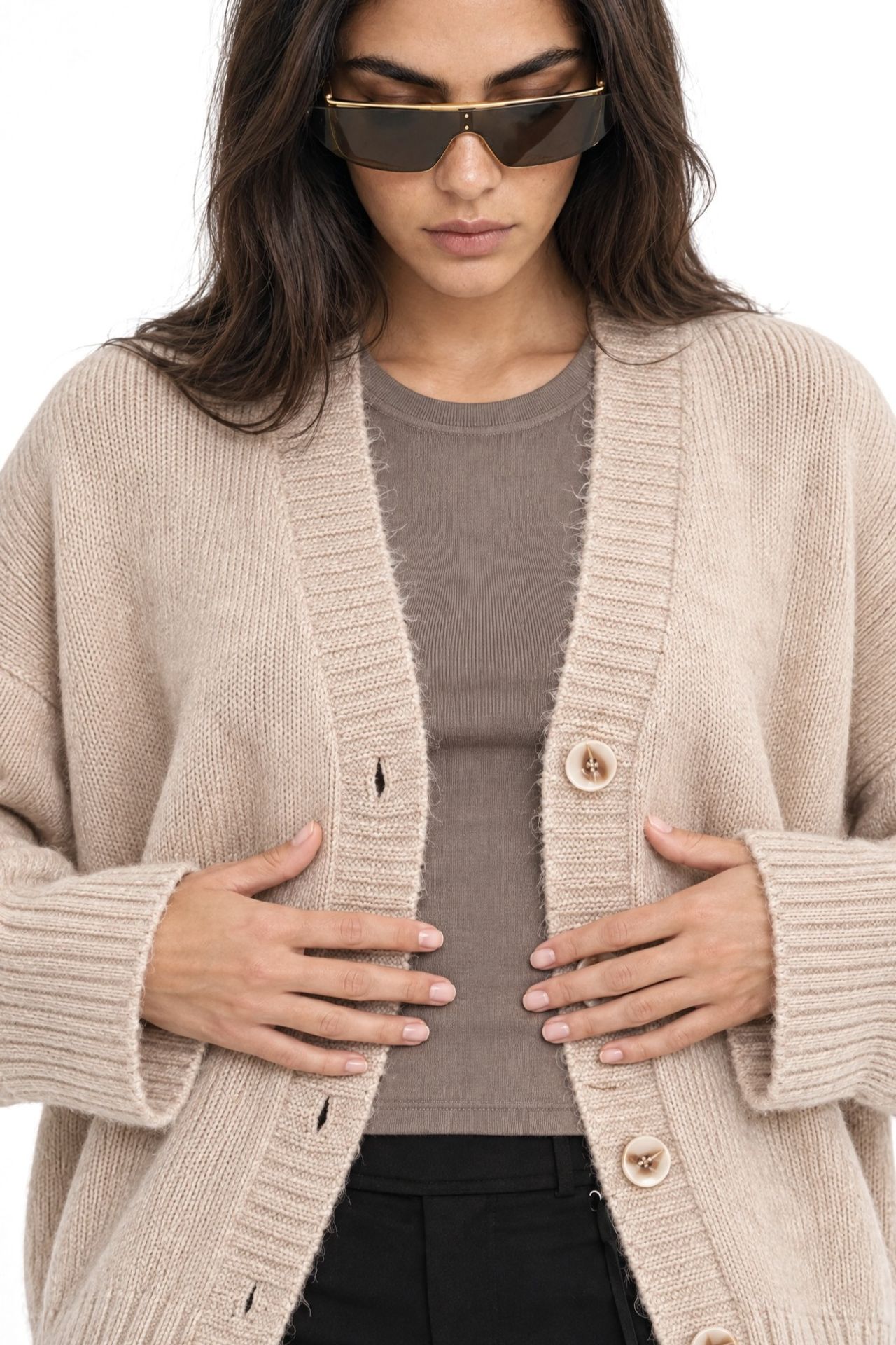 Mixray Buttoned V-Neck Ribbed Knit Cardigan 4