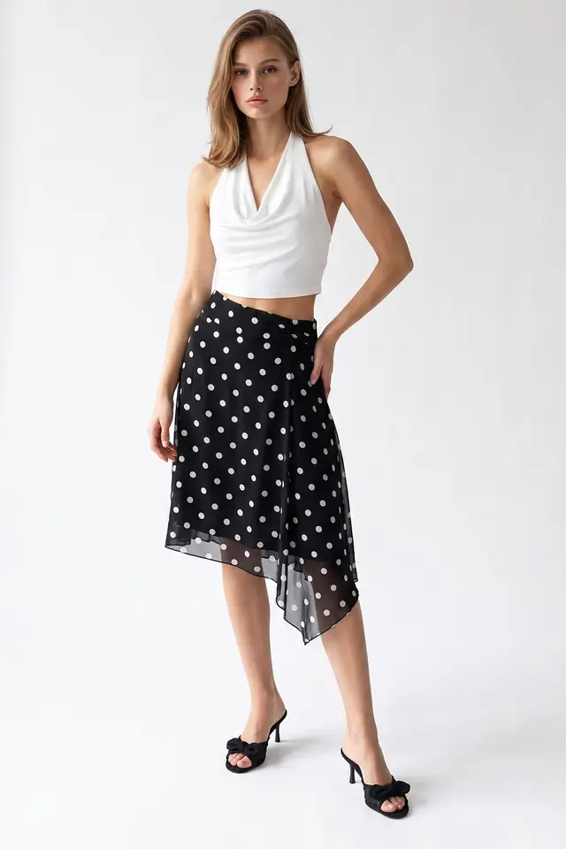 MIXRAY High-Waist Polka Dot Tulle Midi Skirt