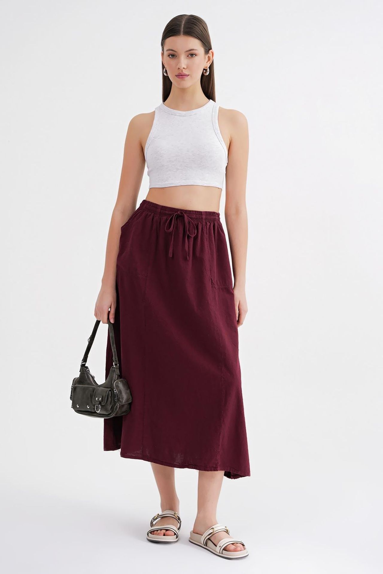 Mixray High-Waisted Poplin Skirt with Drawstring Detail 2