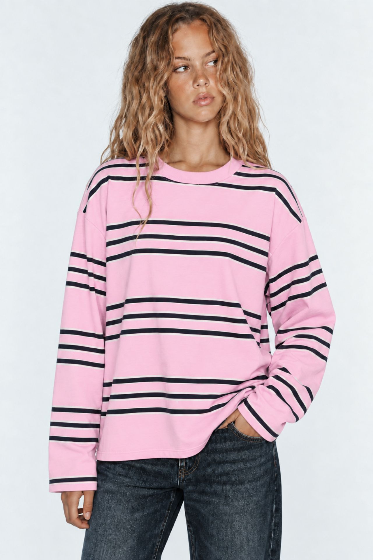 BIPANTOLON Kadın Oversize Çizgili Bisiklet Yaka Sweatshirt 2