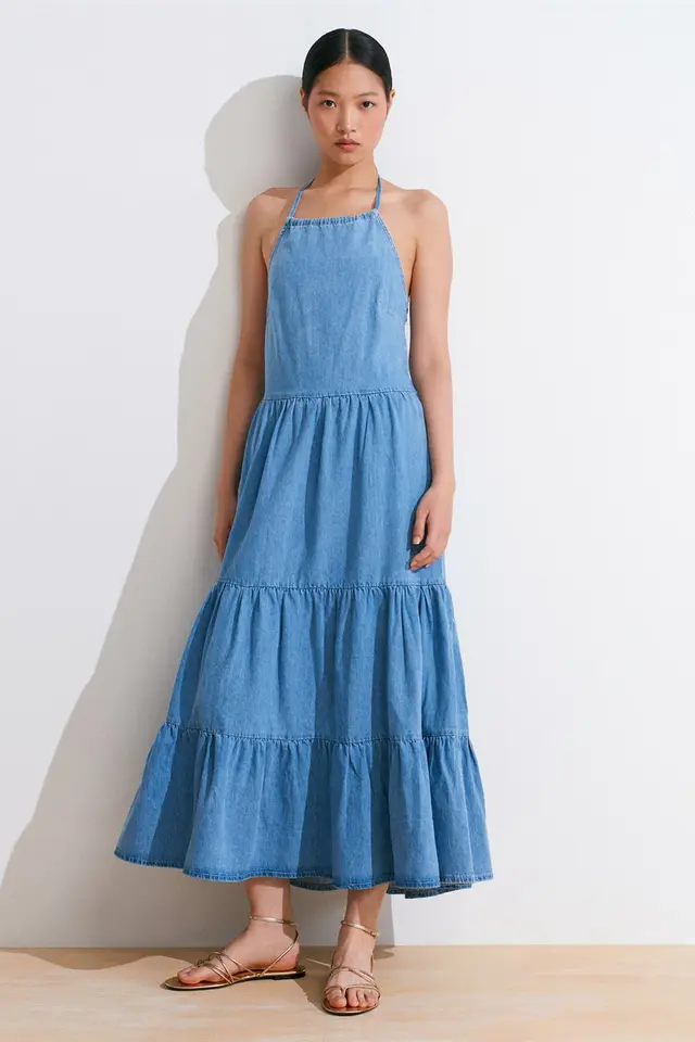 DILVIN Women's Cotton Denim Midi Dress