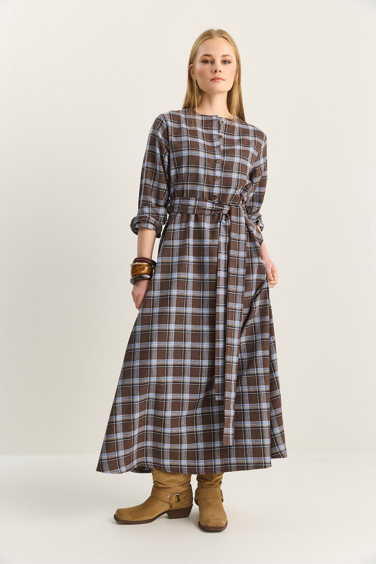LUCCI Plaid Midi Dress with Belt