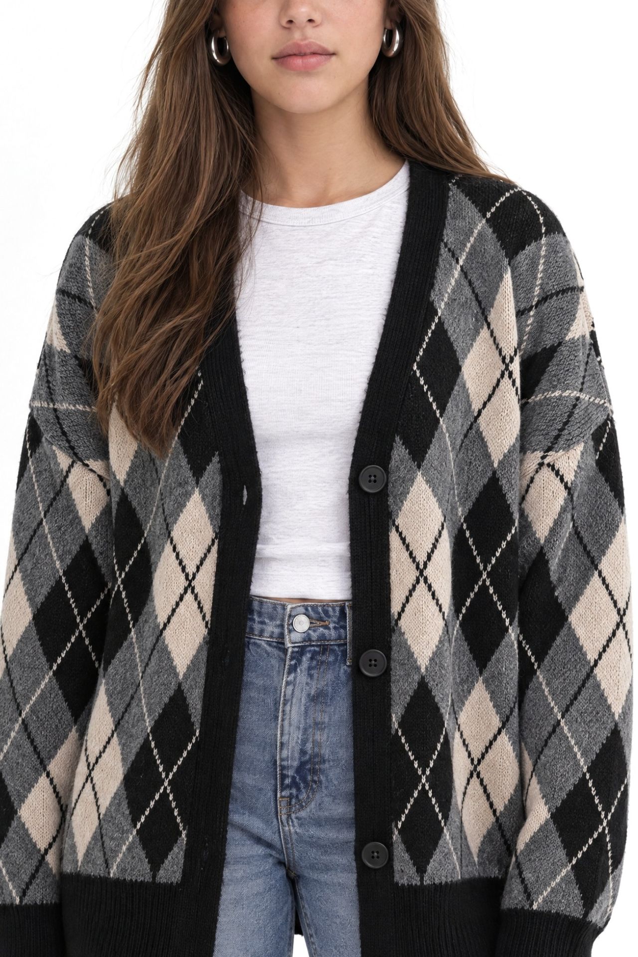 Mixray Oversize Argyle V-Neck Buttoned Cardigan 3