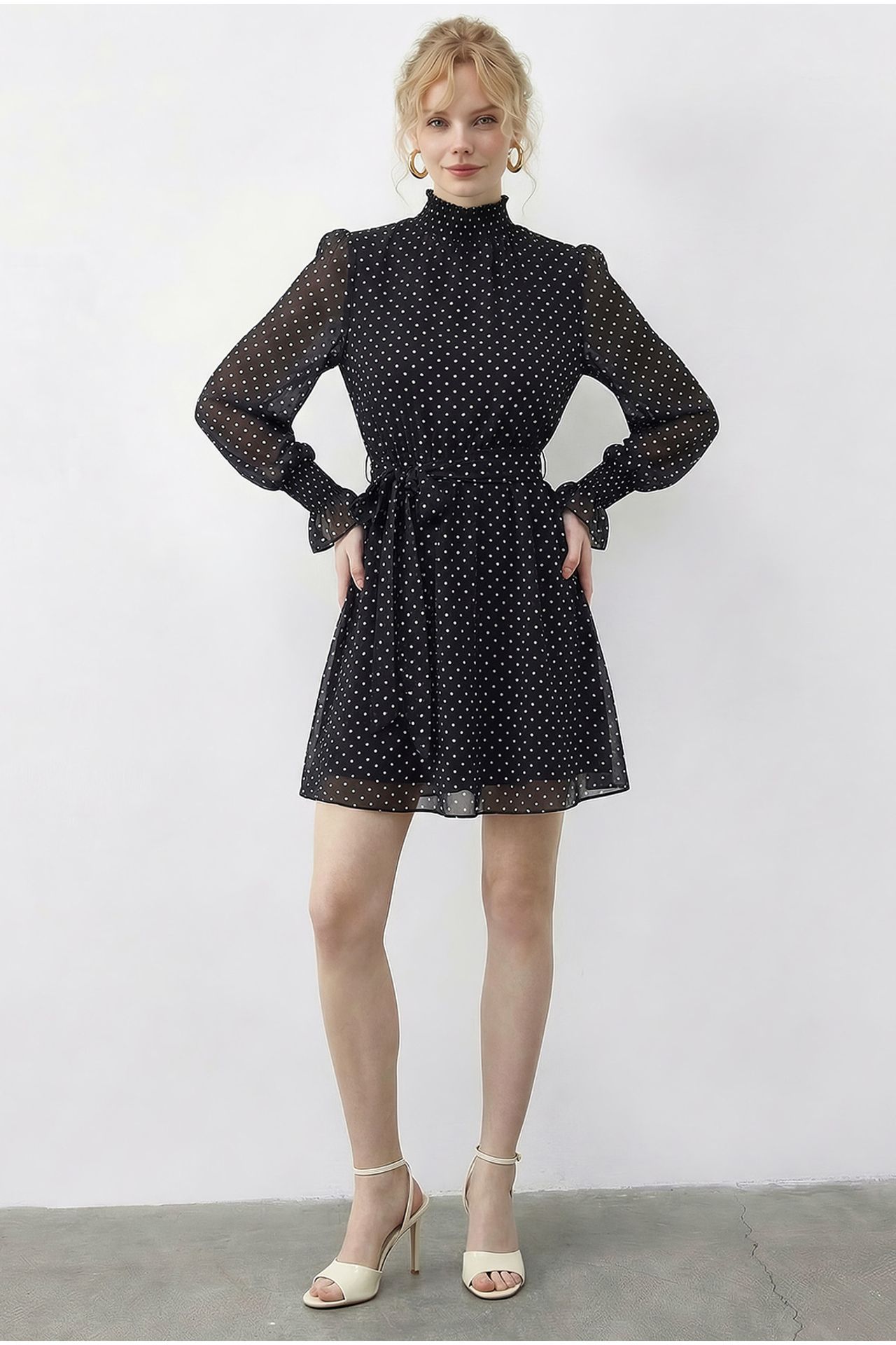 LUCCI Polka Dot Half Turtleneck Mini Dress with Belt 3