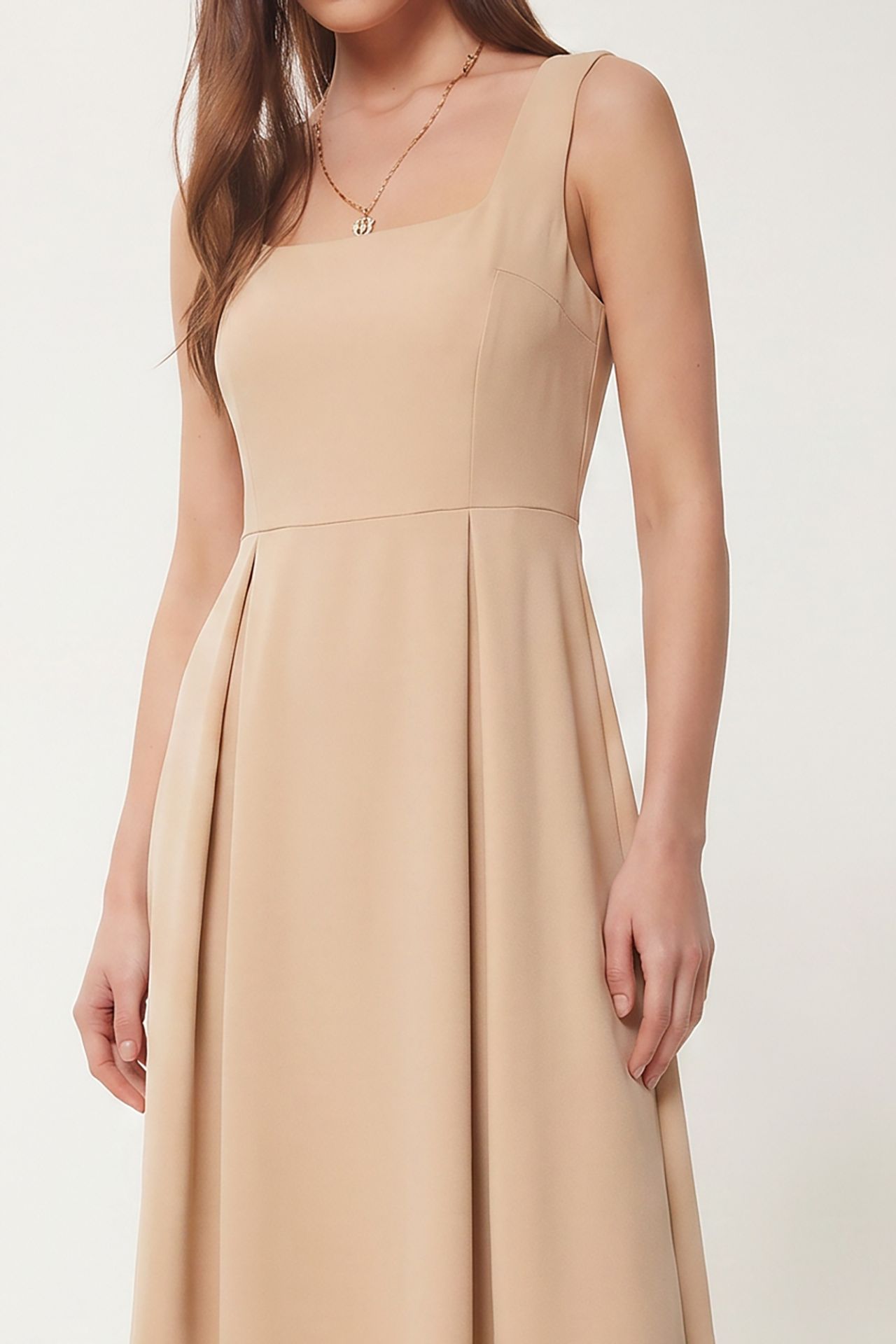 ISTANBUL Square Collar A-Form Midi Dress with Zipper Closure 4