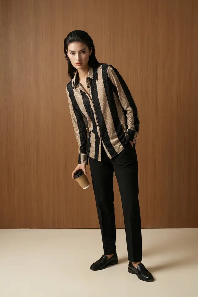 MY FASHION Striped Velvet Weave Button Shirt