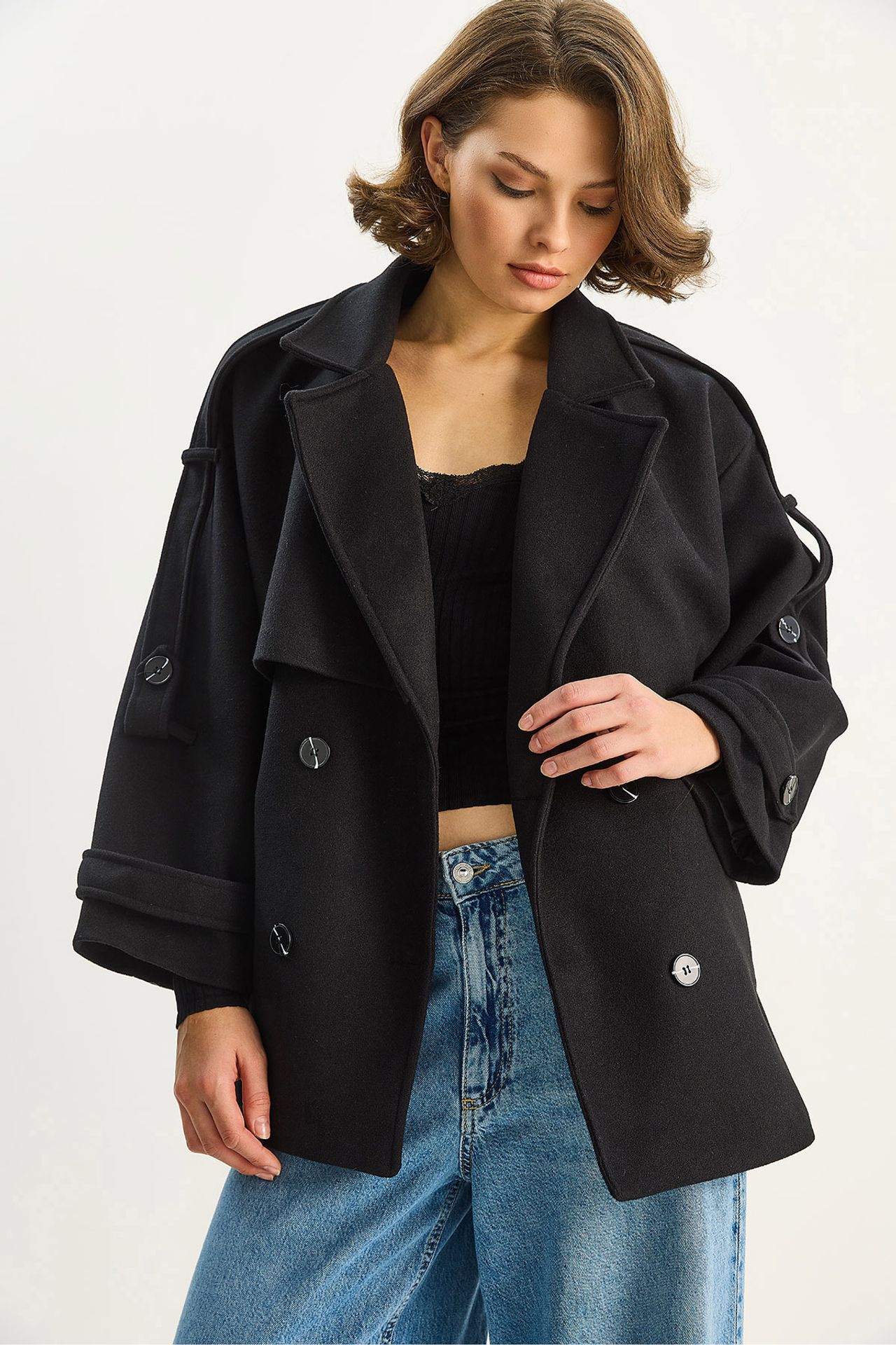 LUCCI Double Breasted Coat with Belt and Loops