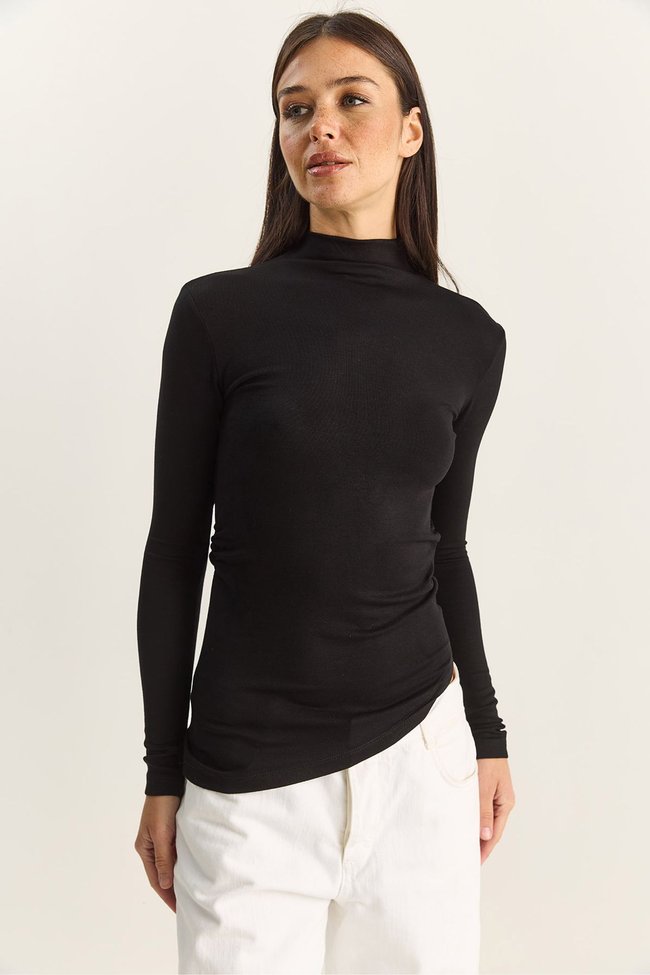 LUCCI Fitted Turtleneck Long Sleeve Blouse with Ruffle Detail 2