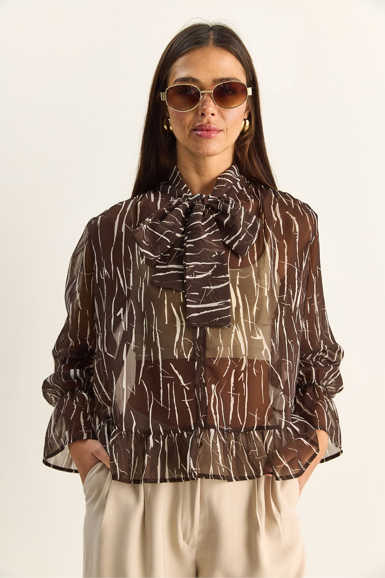 LUCCI Abstract Print Choker Collar Chiffon Blouse with Tie Detail 2