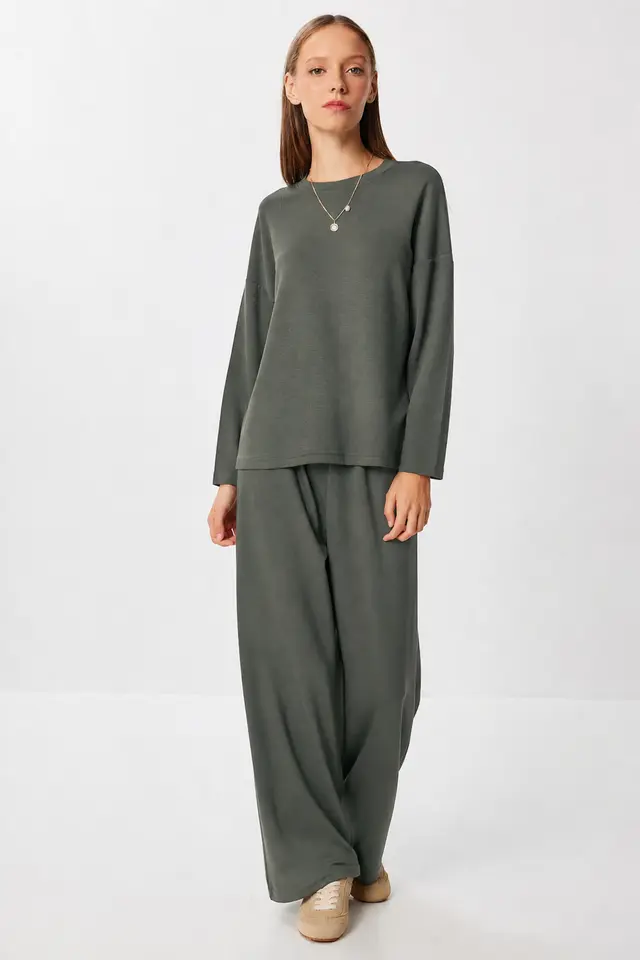 ISTANBUL Wide Leg Two-Piece Set with Crew Neck Blouse