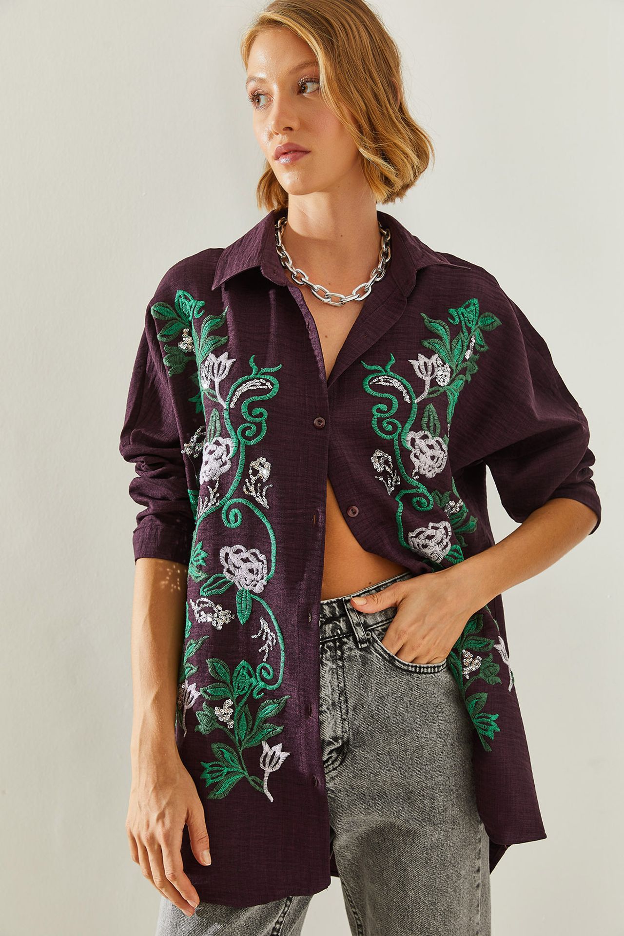 LUCCI Oversized Button-Up Shirt with Embroidery