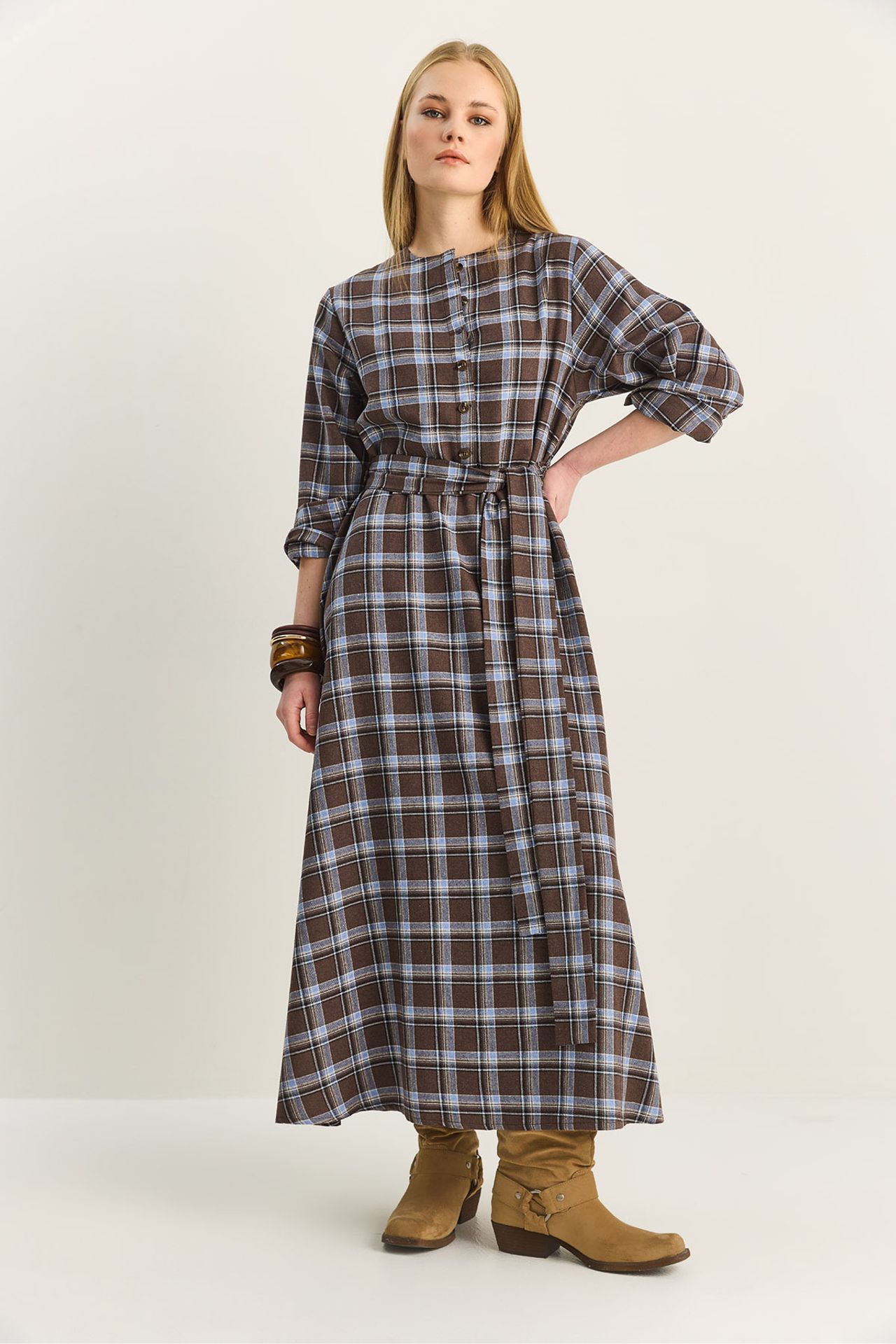 LUCCI Plaid Midi Dress with Belt