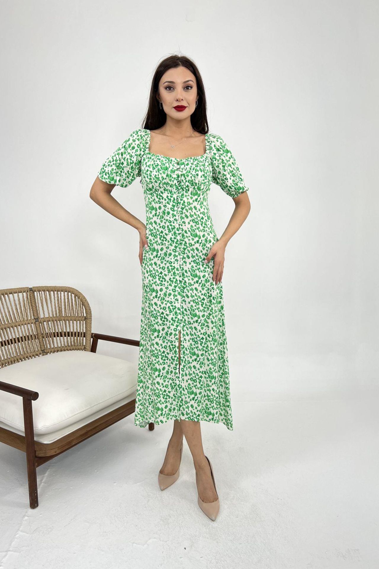JANES Patterned Midi Dress with Square Collar 1