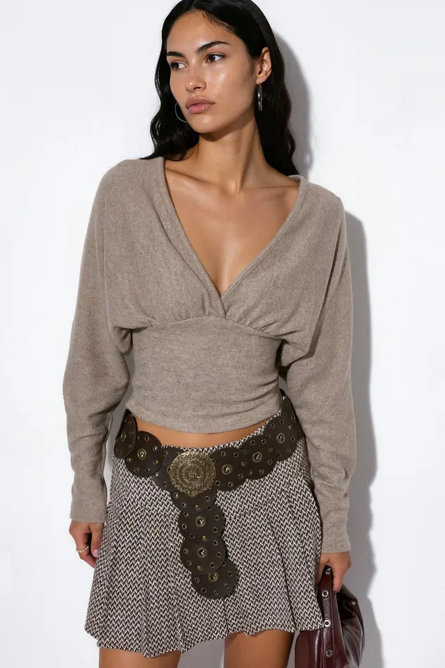BUSEM Women's V-neck Crop Knit Wrap Top