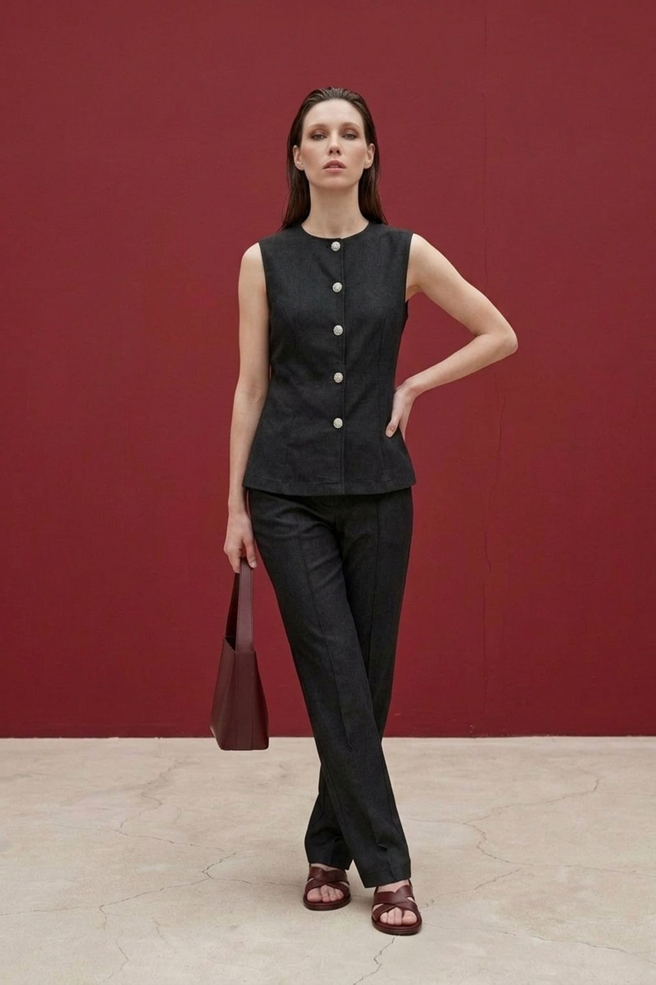 MY FASHION Cotton Poplin Vest and Wide-Leg Trouser Set 2