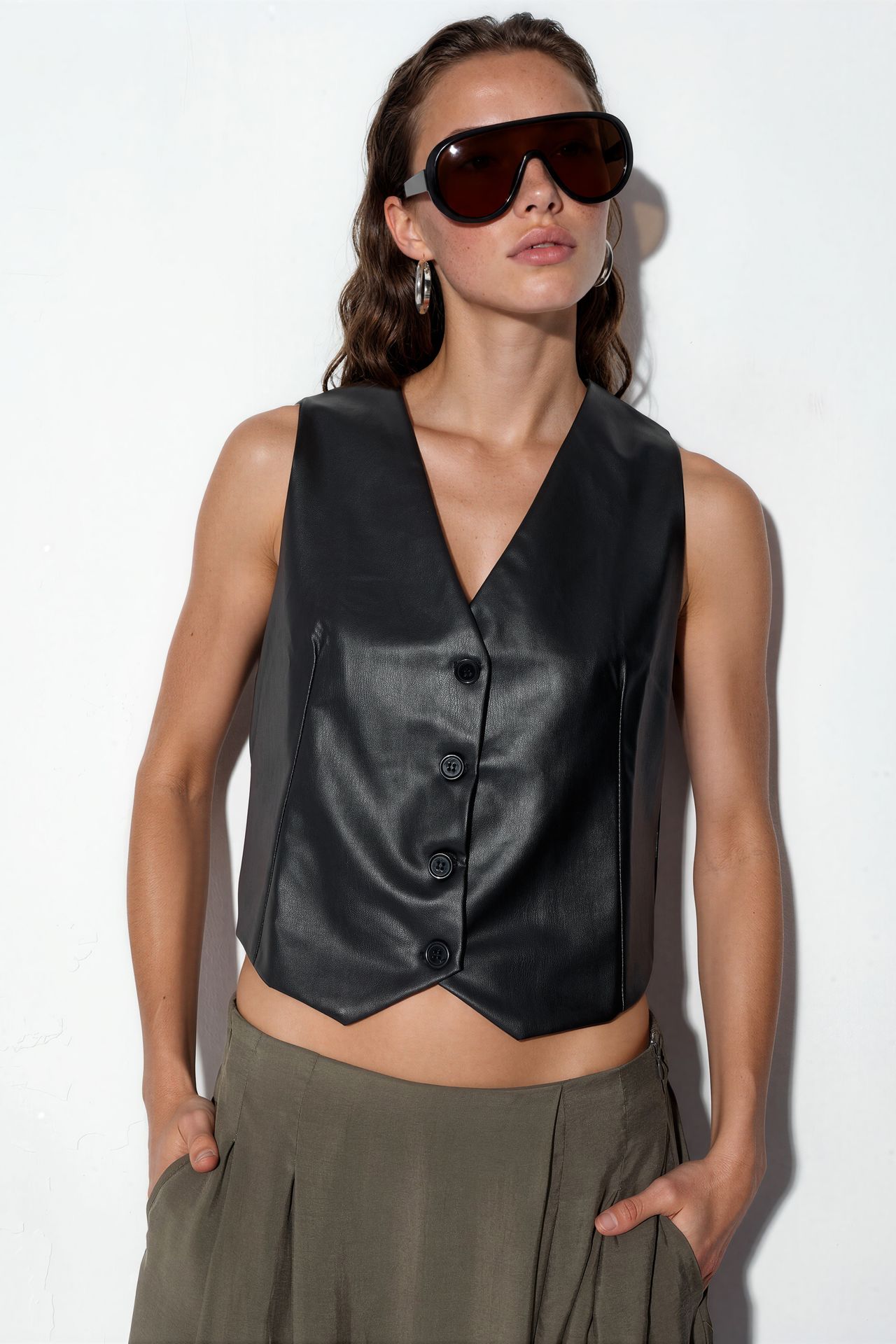 BDART Faux Leather V-Neck Buttoned Crop Vest 2