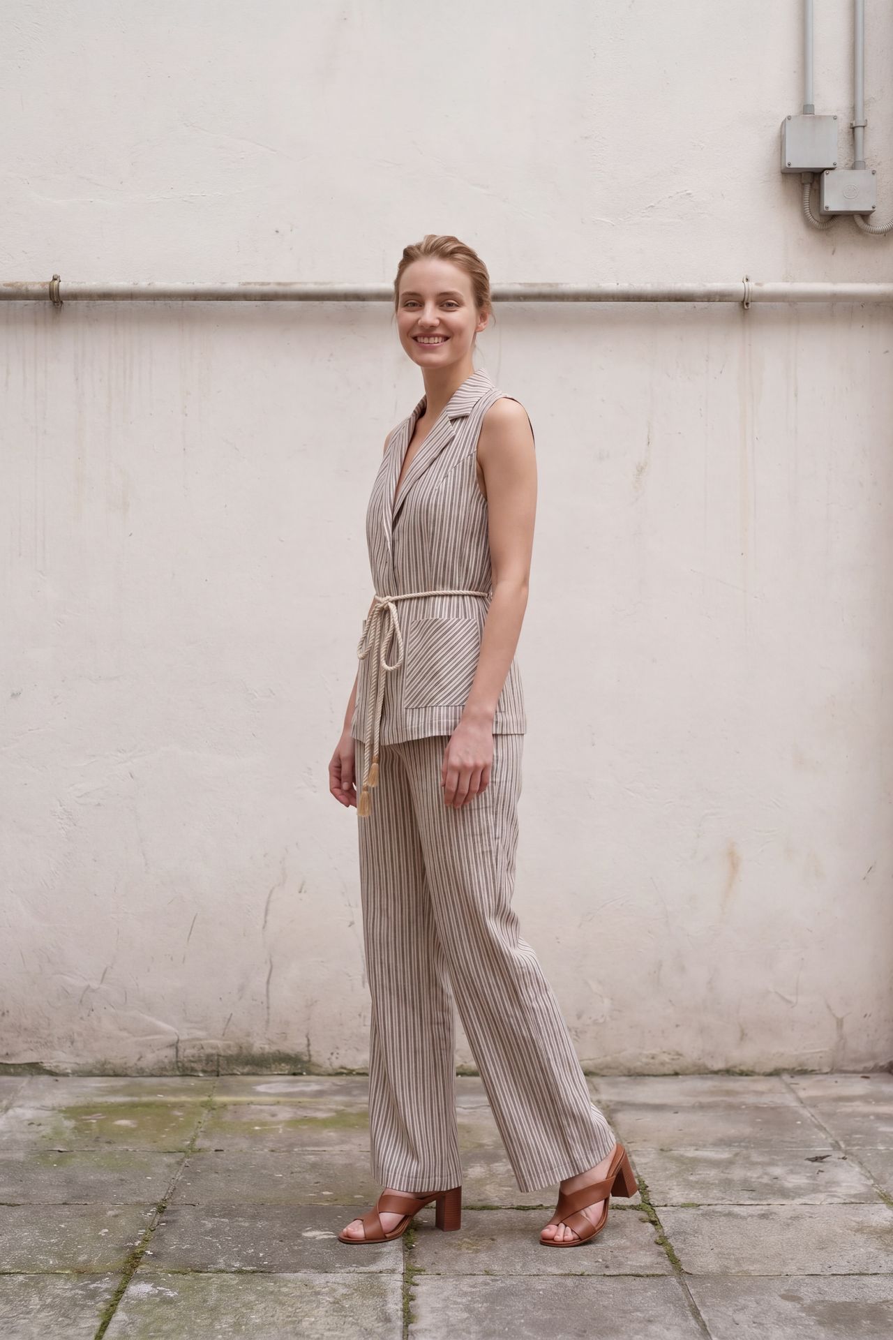 MY FASHION Striped Shawl-Collar Vest and Wide-Leg Trousers Set 3