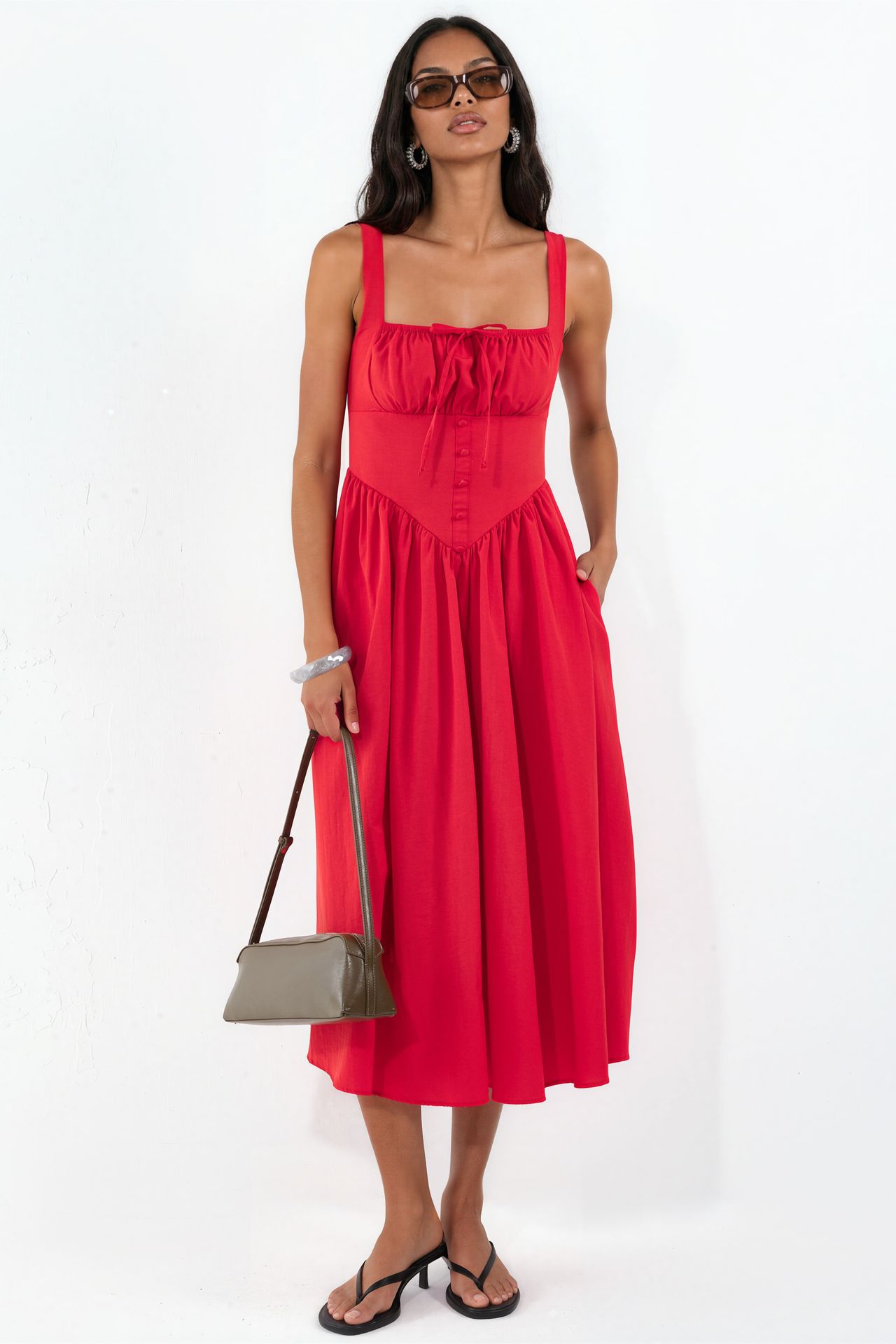 BUSEM Midi Dress with Square Collar and Button Detail 1