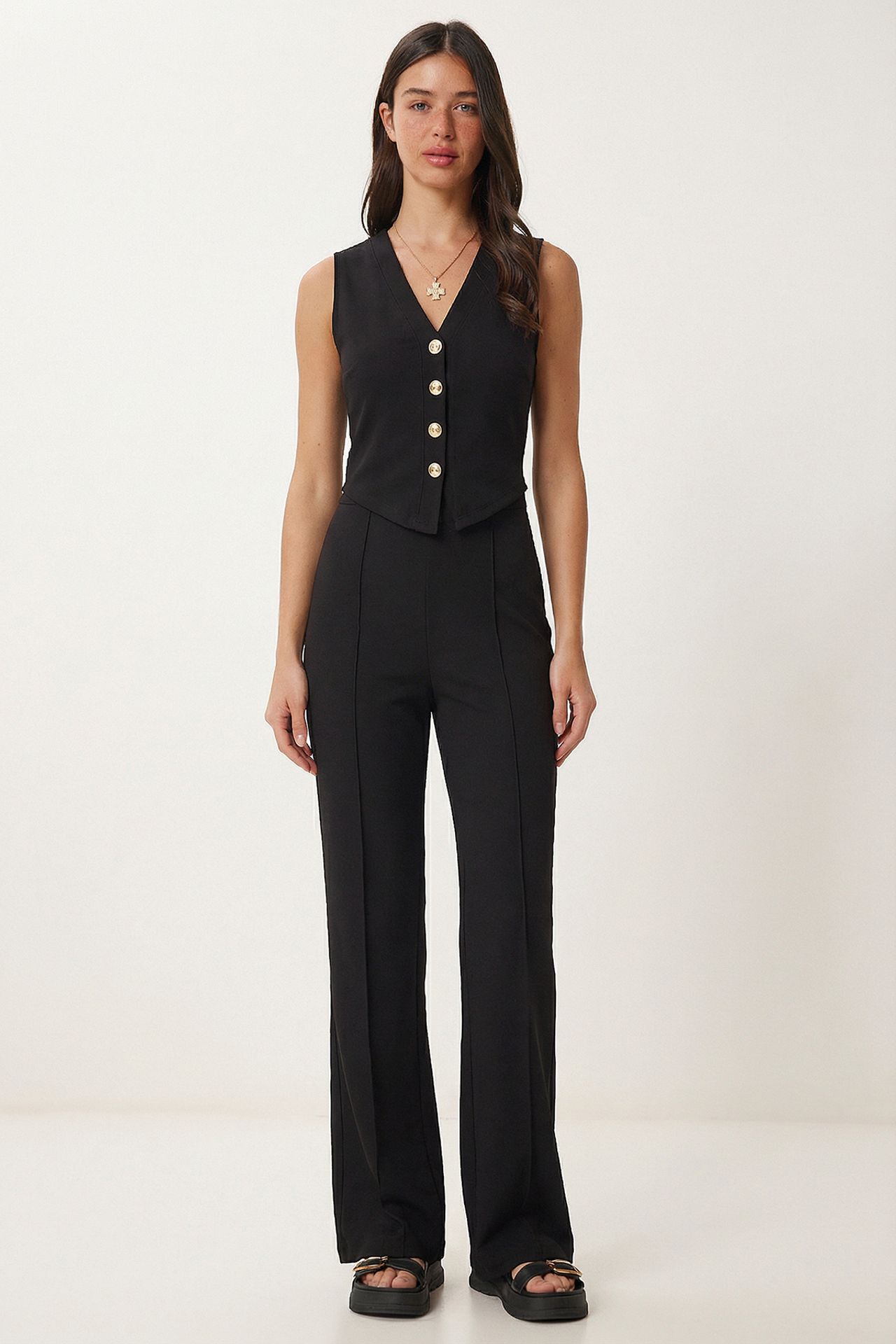 ISTANBUL High Waist V-neck Button-Up Wide Leg Co-ord Set 1
