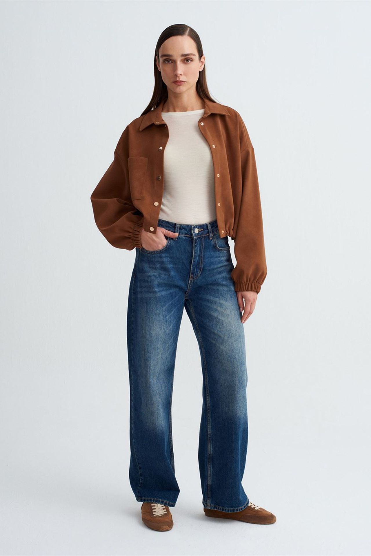 DILVIN Oversized Crop Faux Suede Bomber Jacket