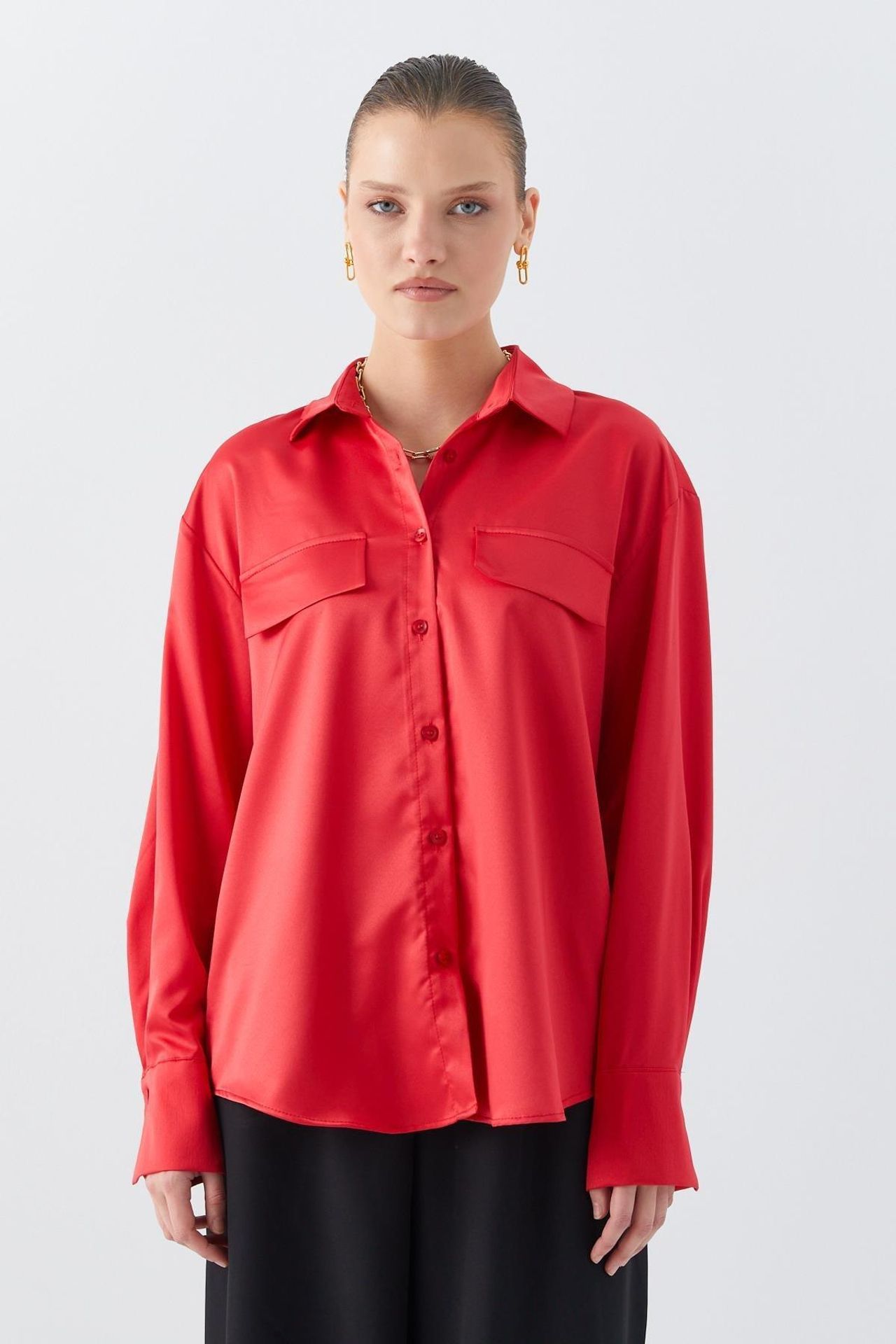 Satin Button-Up Shirt with Pocket Detail 1