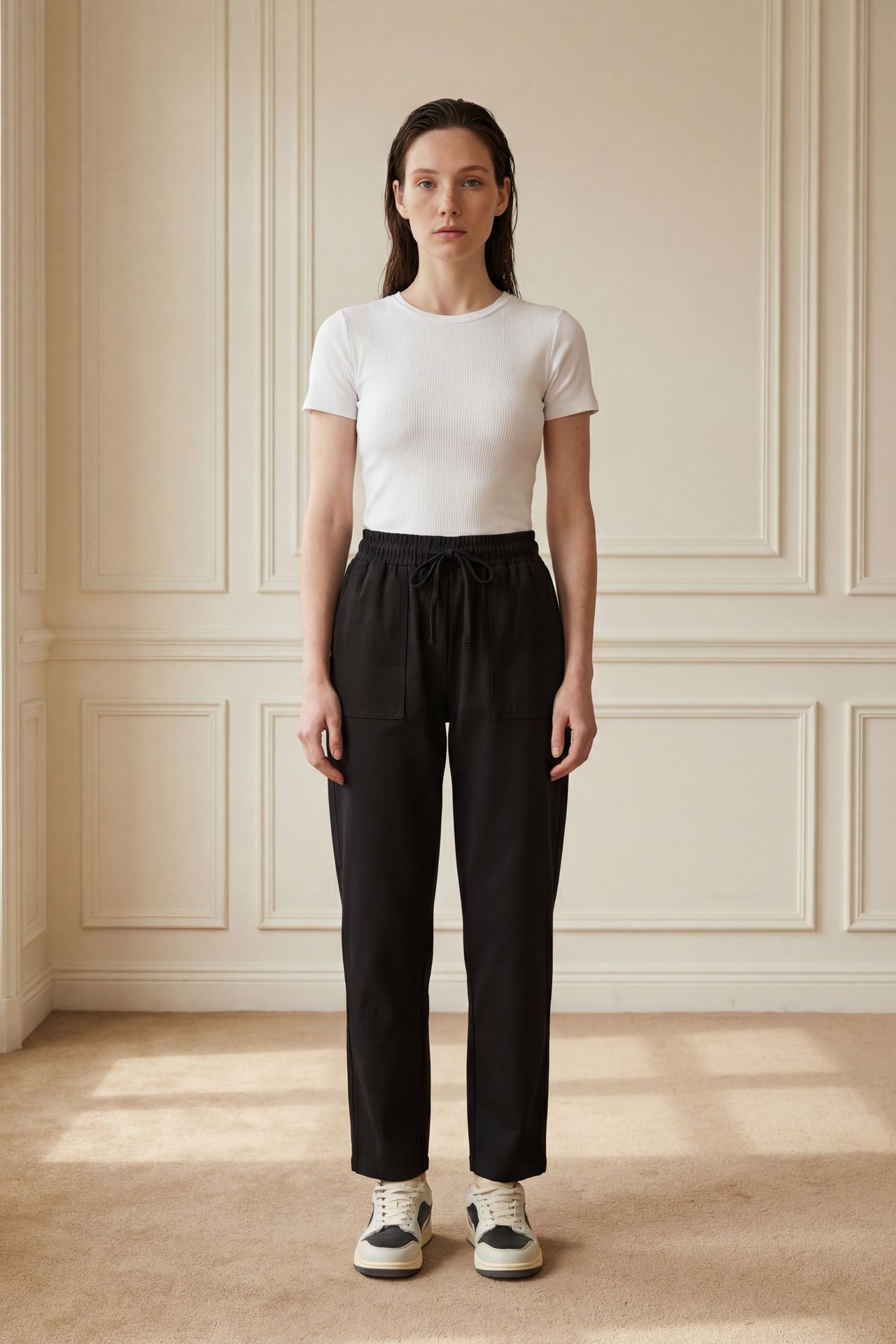 MY FASHION Ankle Length Solid Gabardine Pants with Drawstring Waist 2