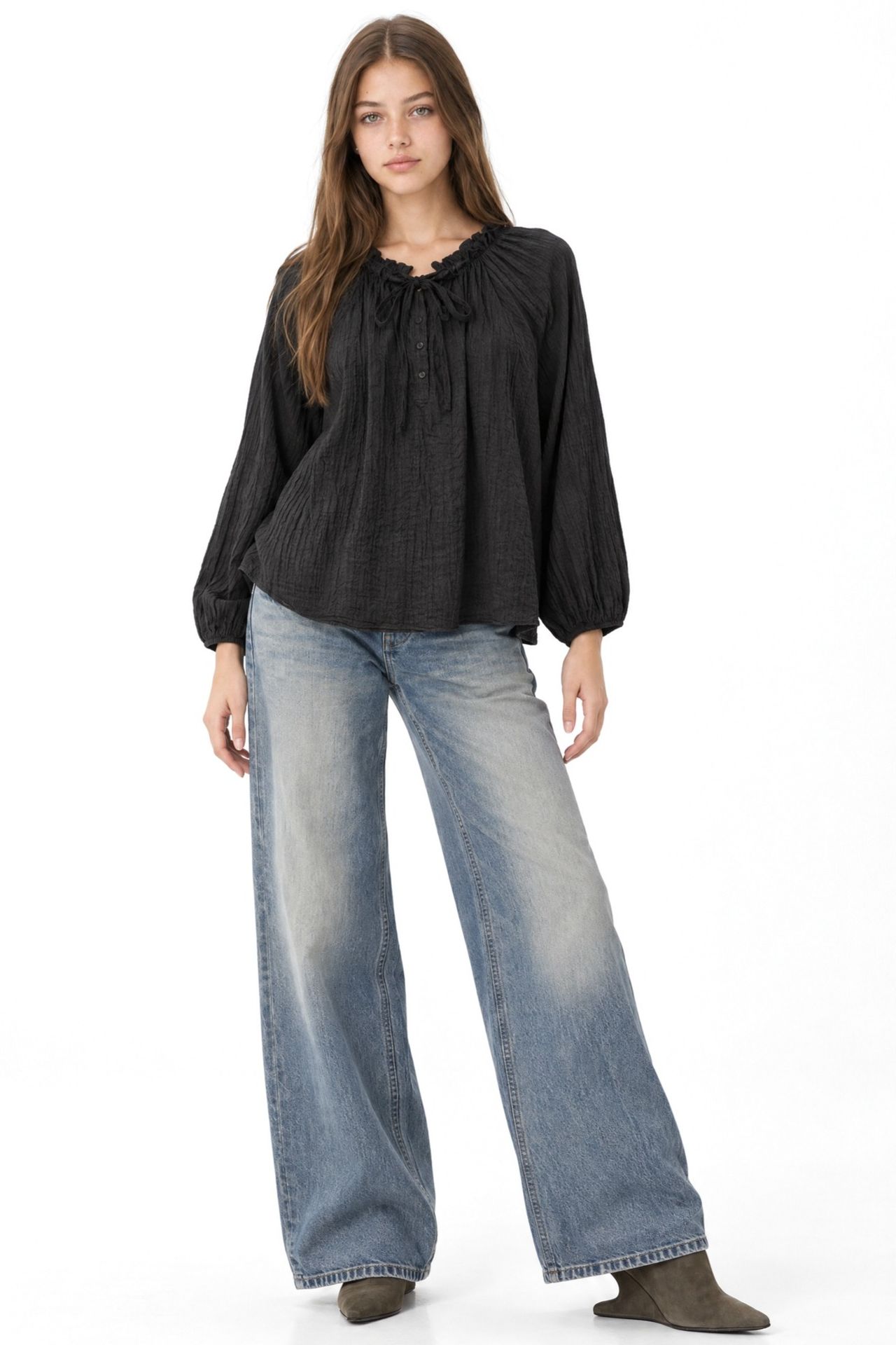 MIXRAY Crew Neck Tie Detail Blouse 3