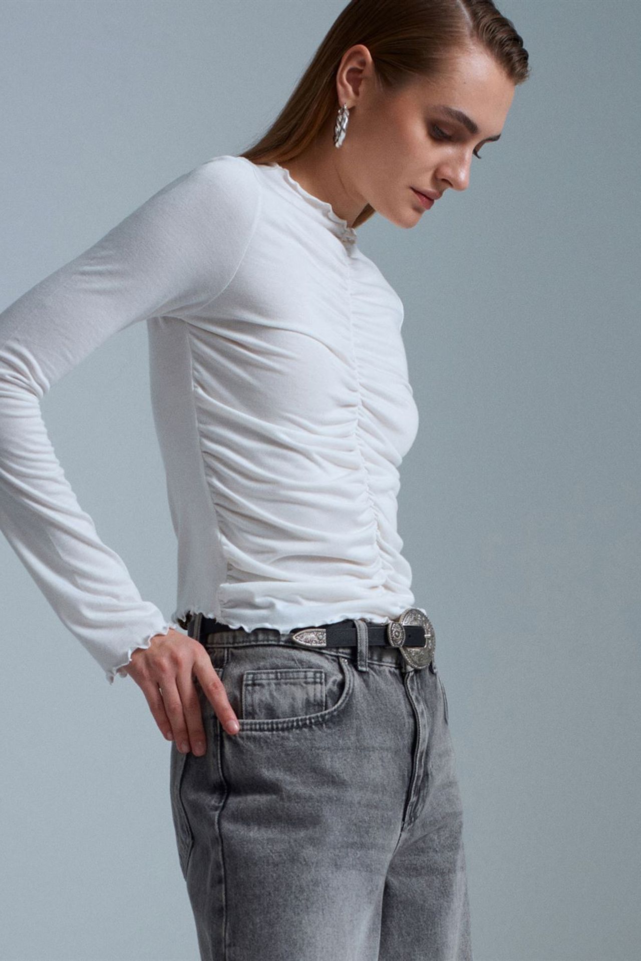 DILVIN Dar Kesim Uzun Kollu Jarse Bluz 1