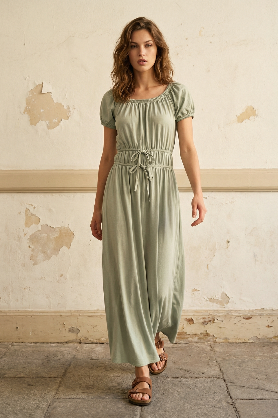 HiCCUP - Green Square Neck Tiered Maxi Dress With A Tie Strap Women