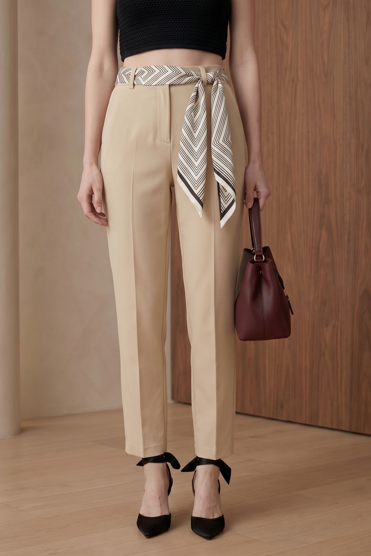 MY FASHION High-Waist Straight-Leg Crepe Trousers with Belt 6