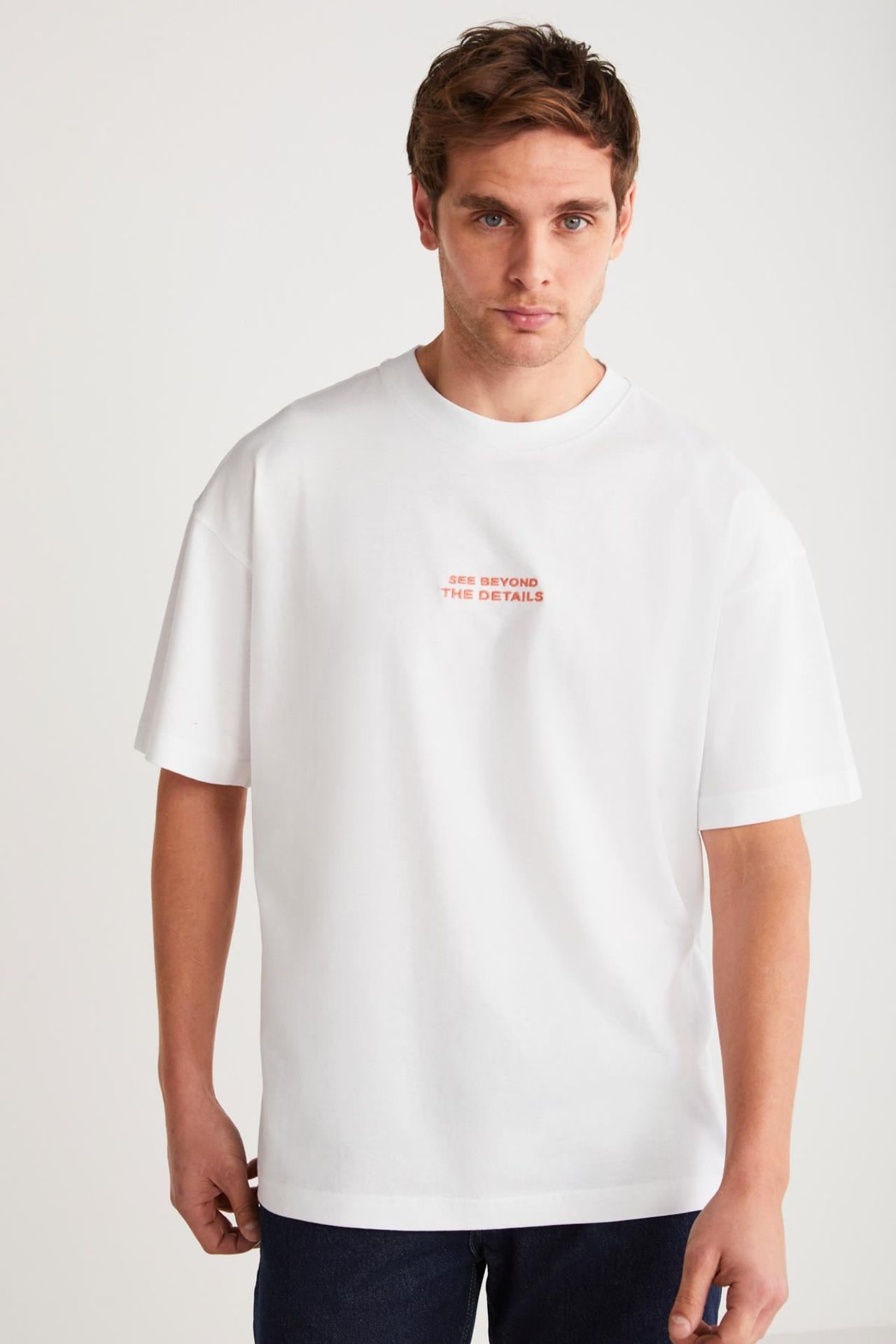 GRIMELANGE Baskılı Oversize Bisiklet Yaka Tişört 2