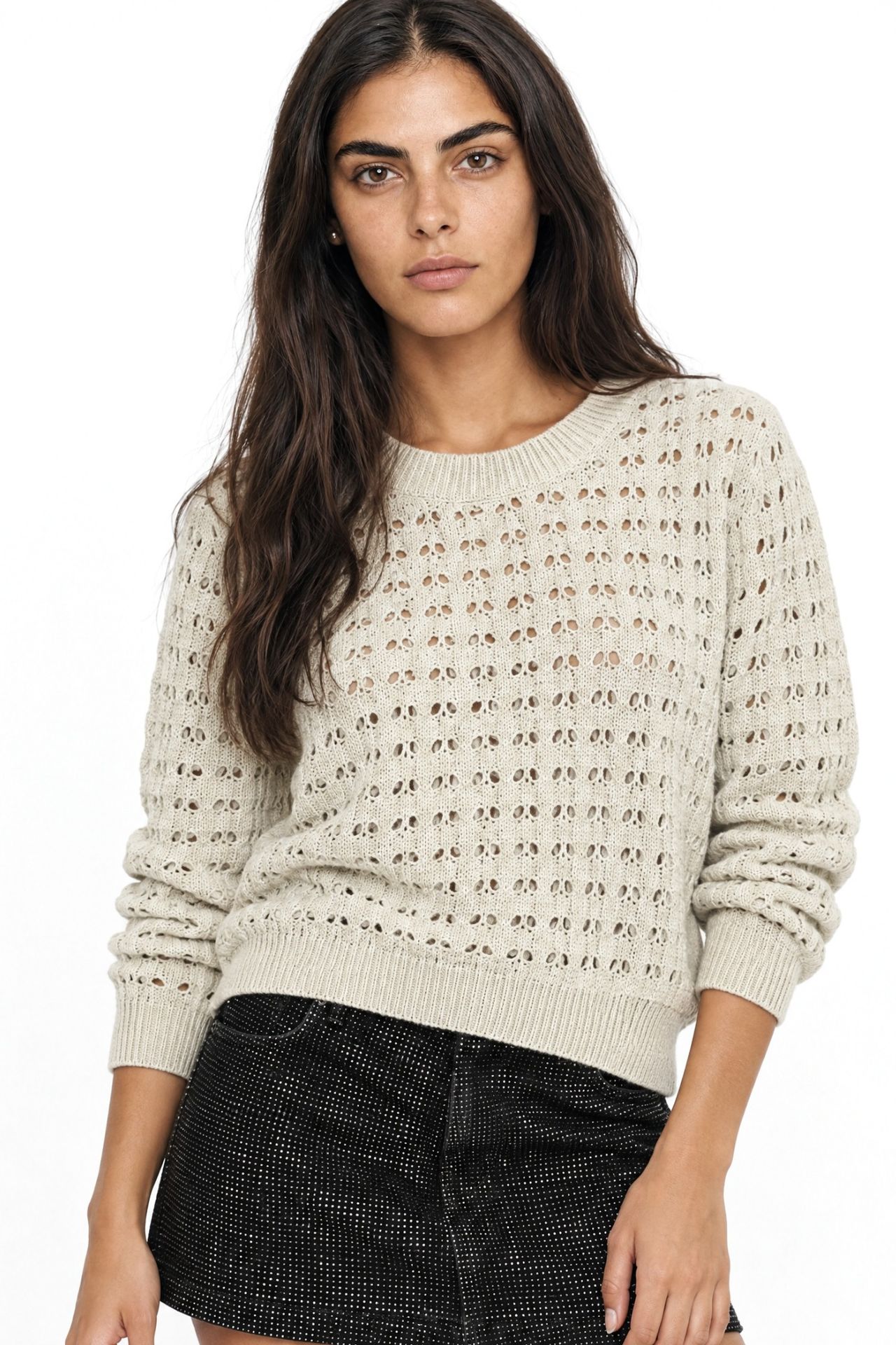 MIXRAY Textured Knit Relaxed Crop Sweater with Crew Neck 1