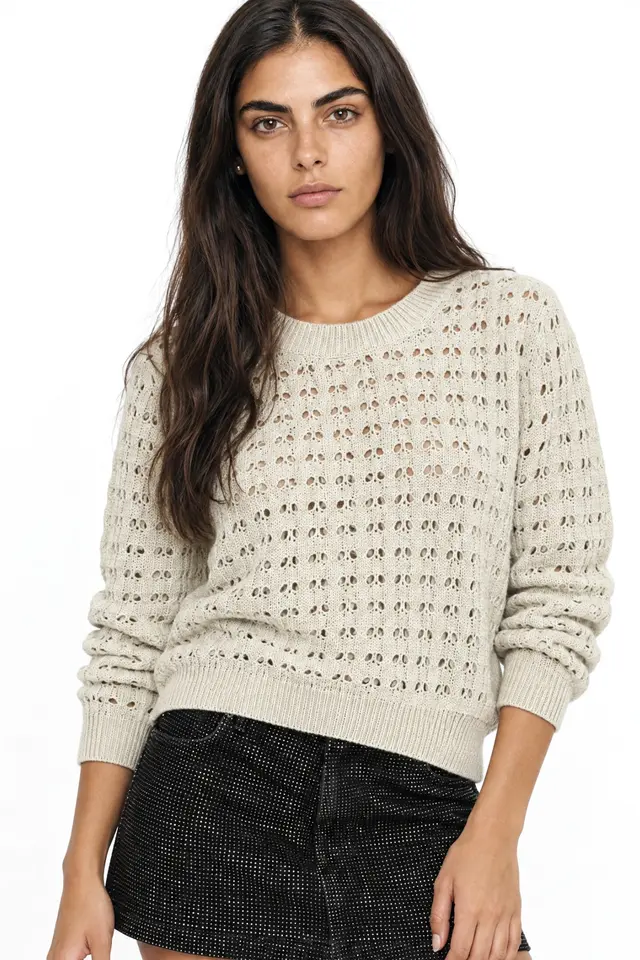 MIXRAY Textured Knit Relaxed Crop Sweater with Crew Neck